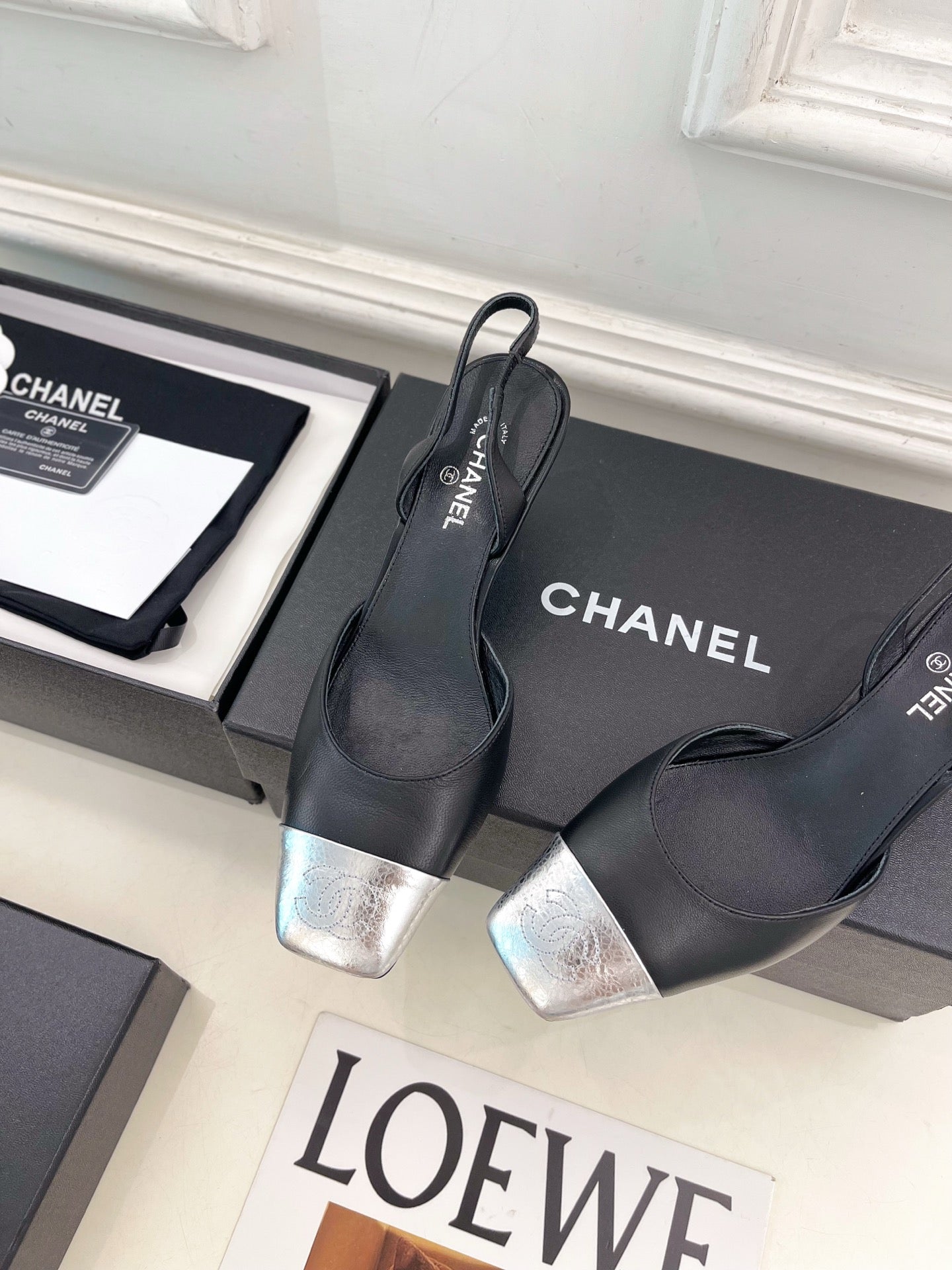 CC 26s Square Toe Slingback 6.5cm Sliver Black Leather 946914
