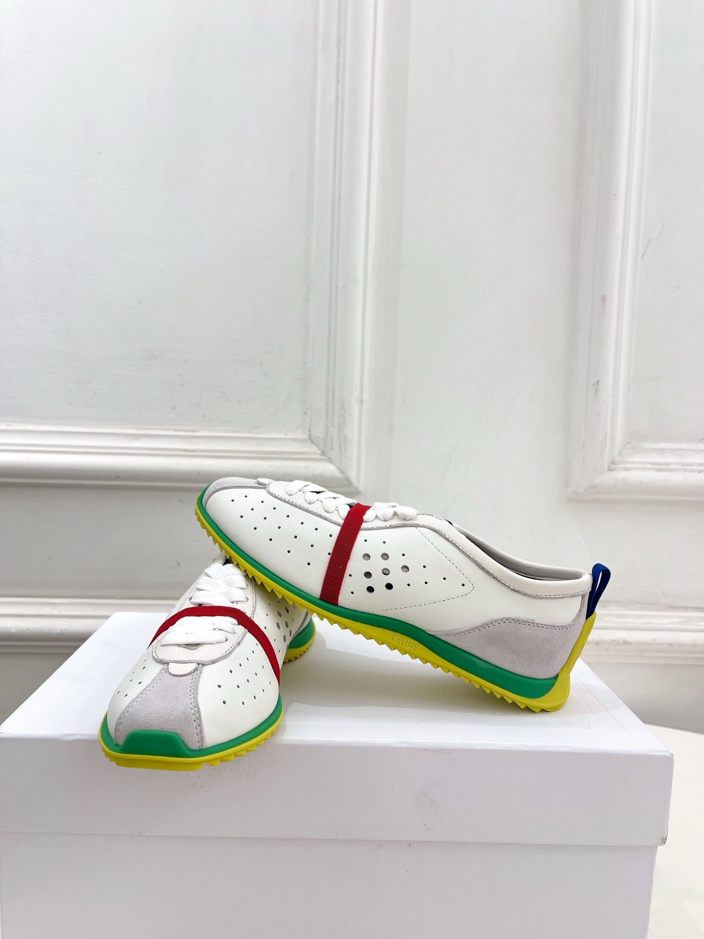 Celine 26s Soft Sneaker White Grey Green Perforated Lambskin Suede 947587