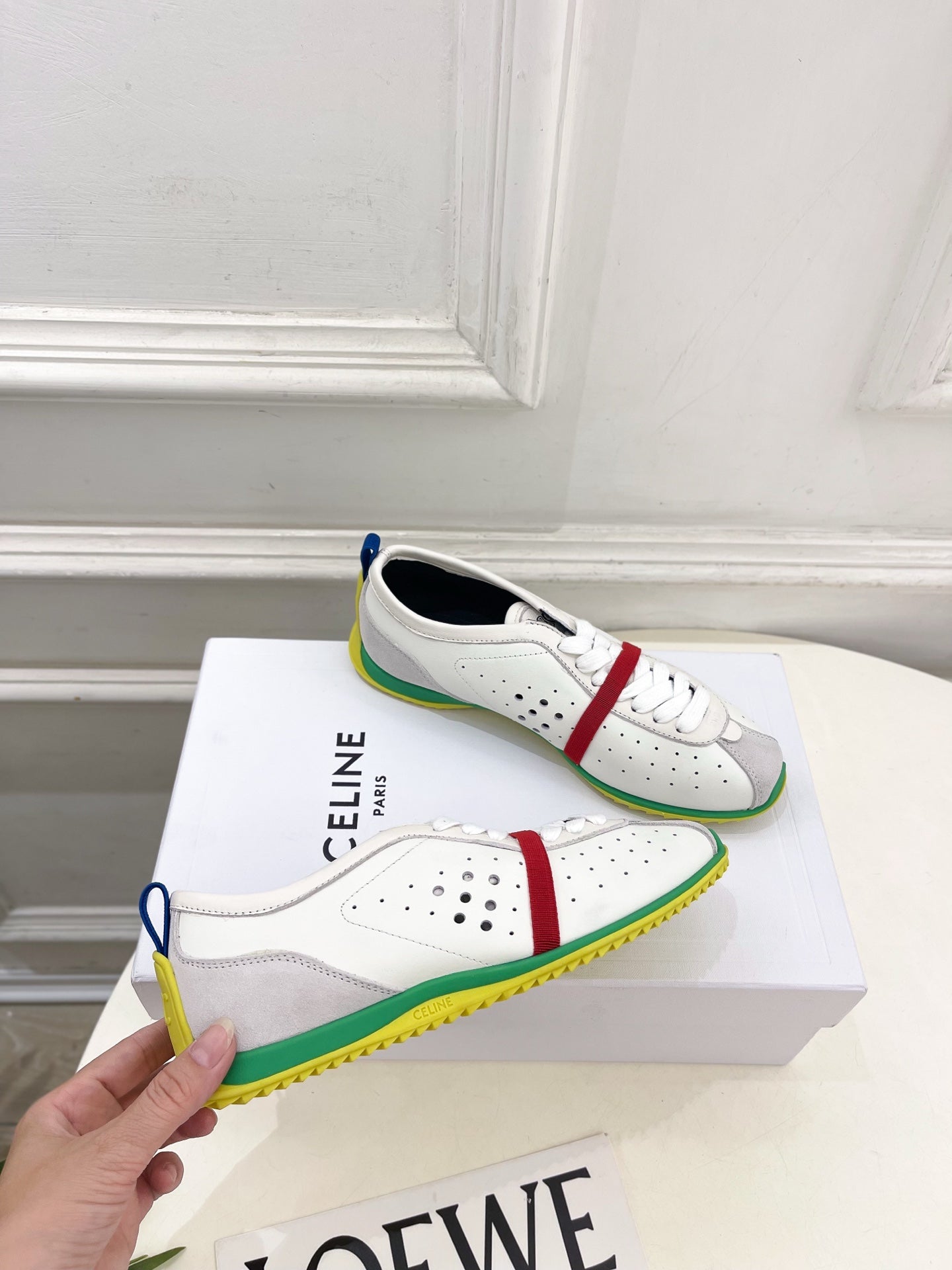 Celine 26s Soft Sneaker White Grey Green Perforated Lambskin Suede 947587