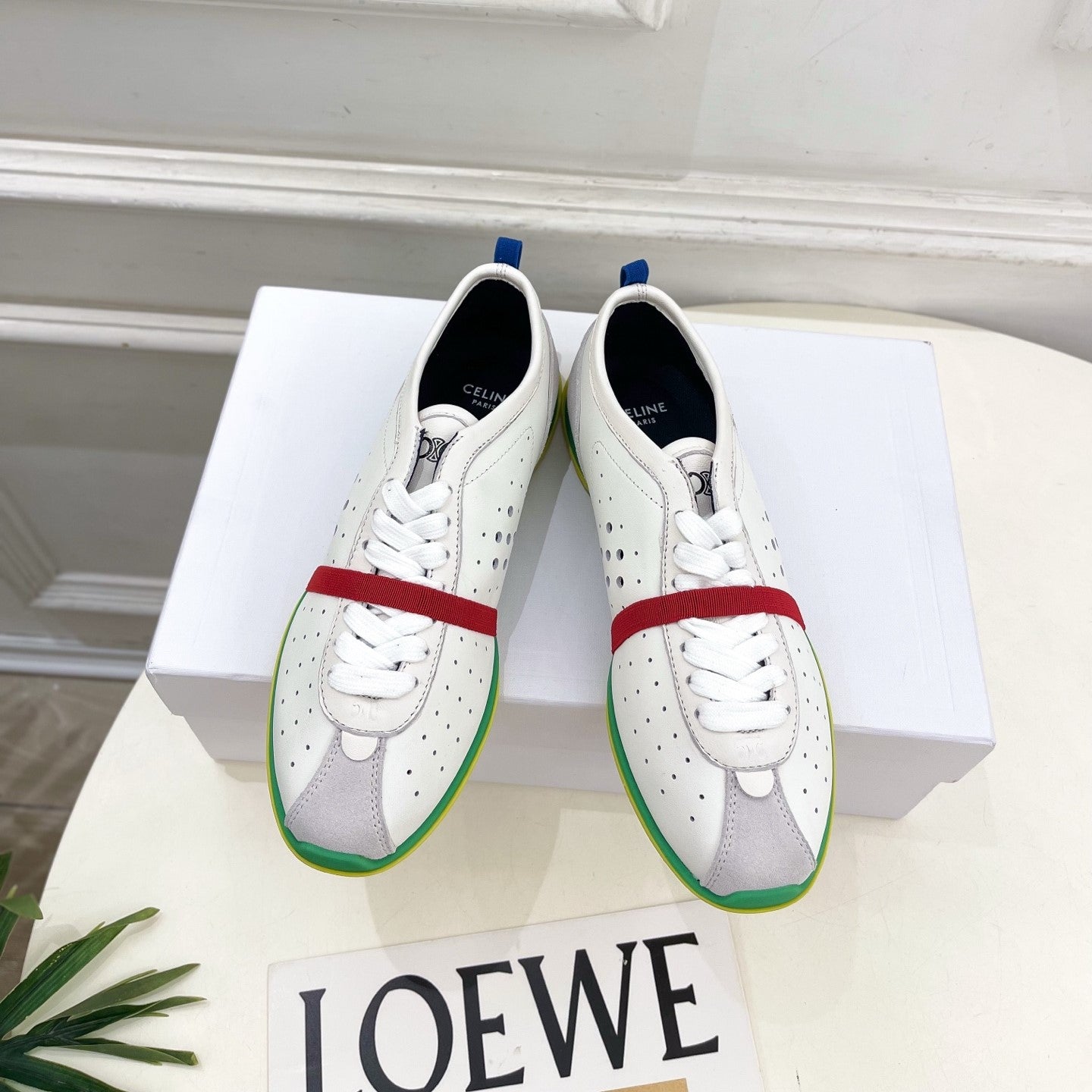 Celine 26s Soft Sneaker White Grey Green Perforated Lambskin Suede 947587