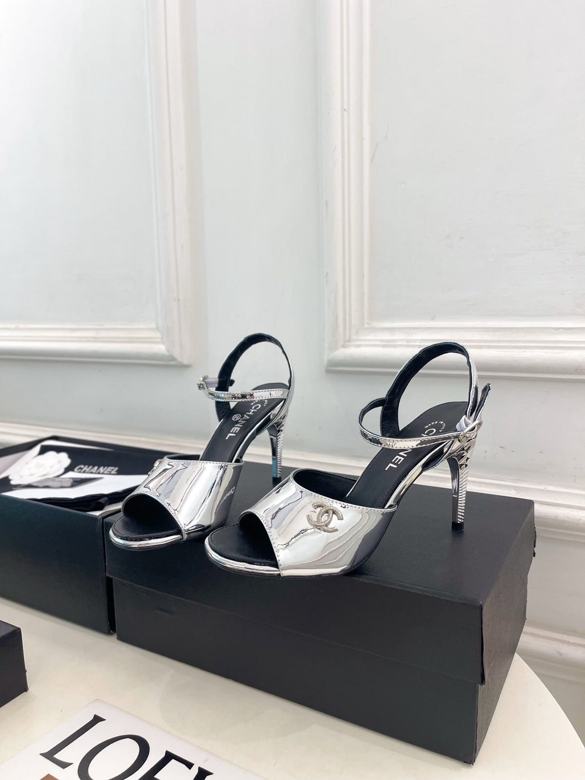 Chanel 26s High Heel Slingback Sandals 90 Mm In Silver Lambskin With Cc Logo