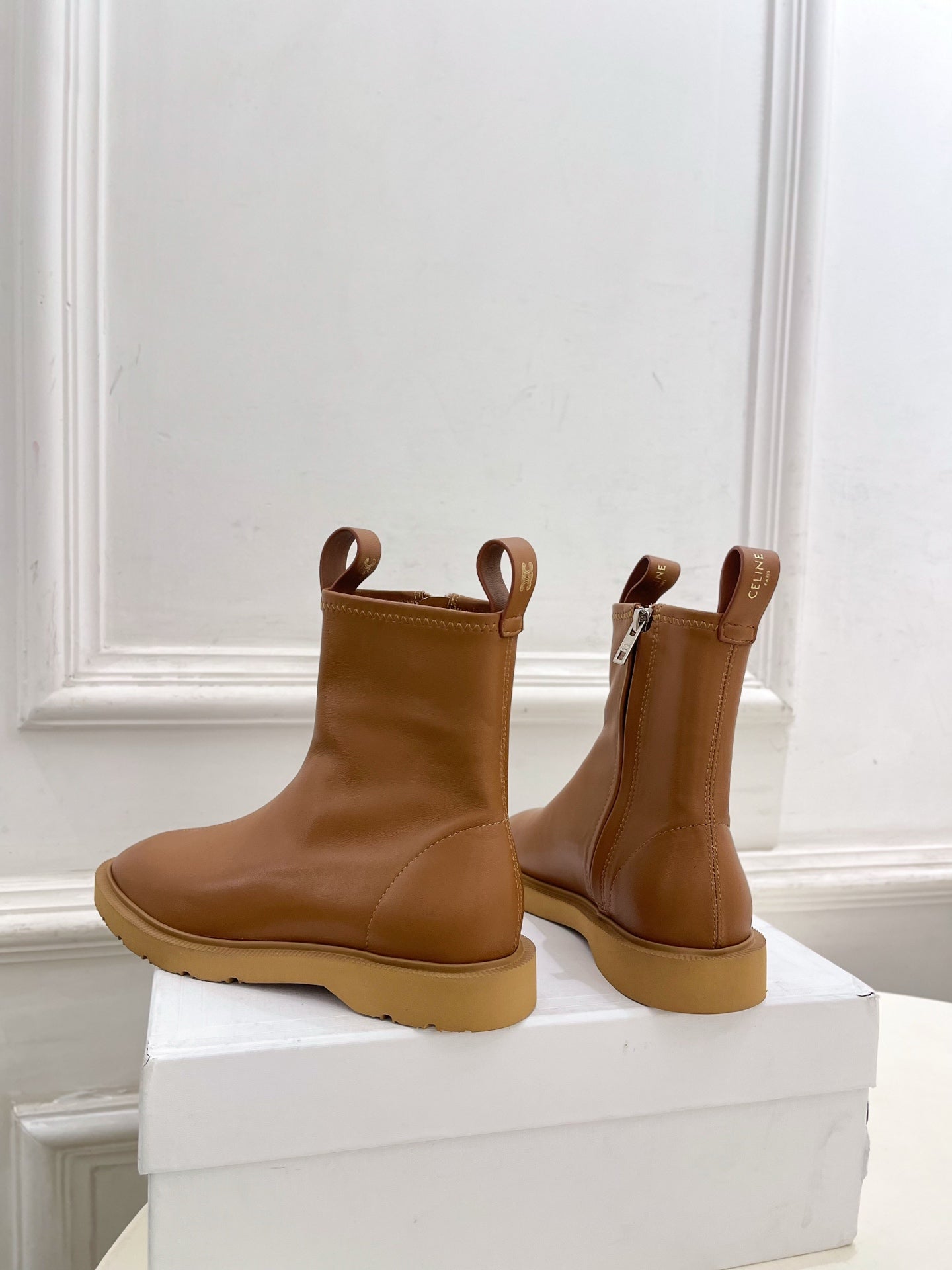 Celine 26s Flow Zipped Ankle Boots Camel Leather 947594