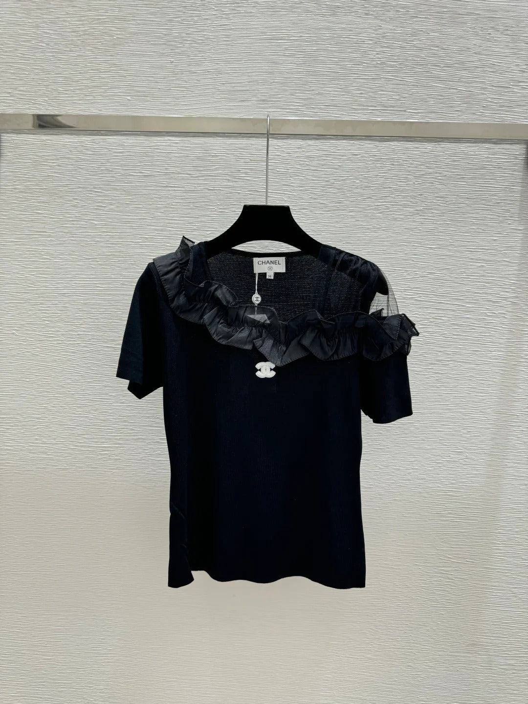 Chanel 2026 Ruffled Neckline Knit Top Black White Wool Nylon