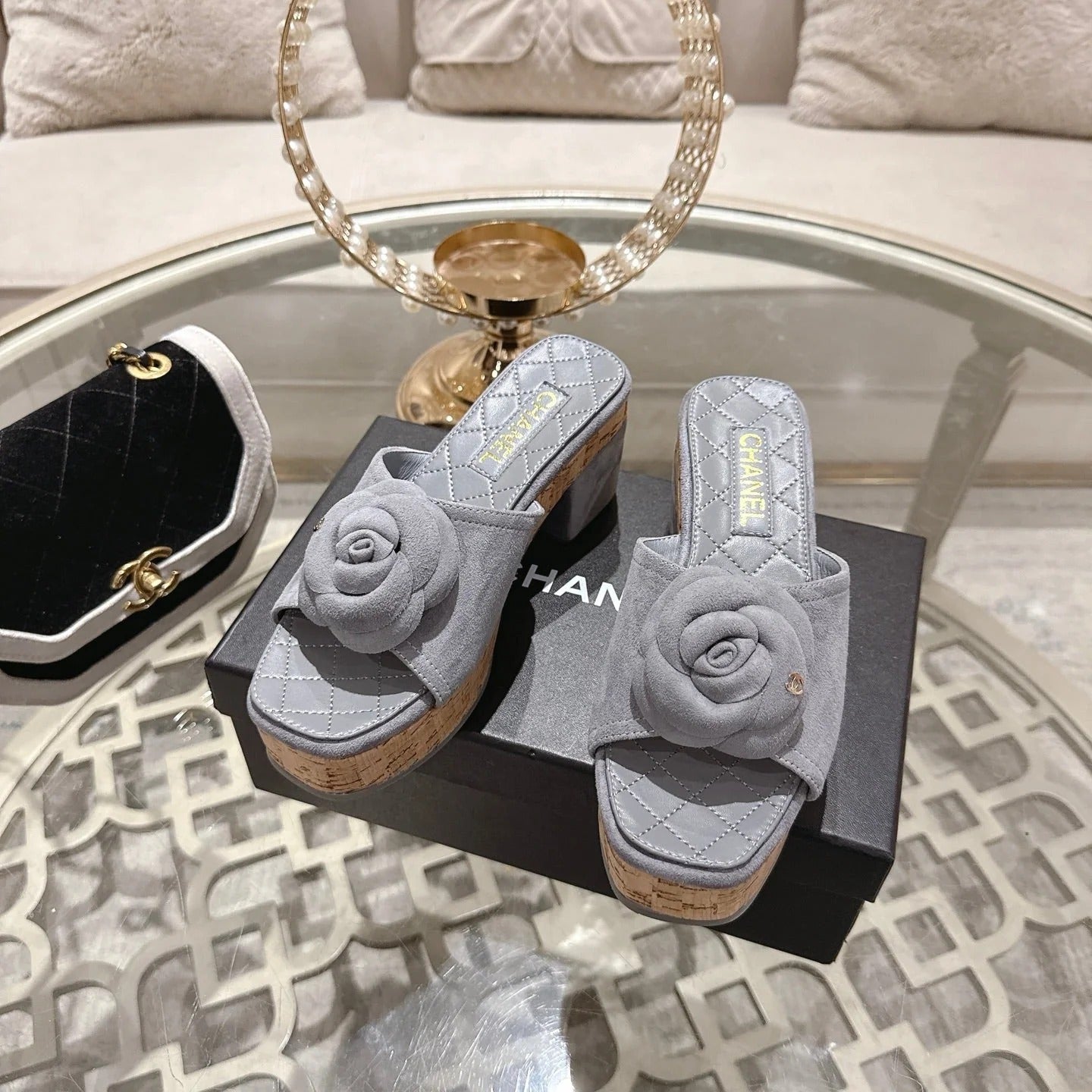 CC 26s Camellia Platform Slippers 65 Light Blue Grey Lambskin 627051