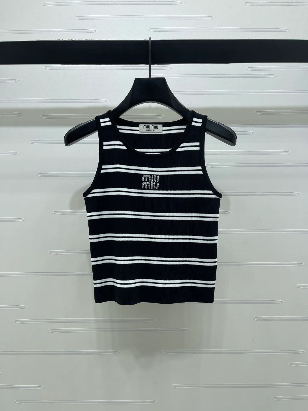 Miumiu 2026 Crew Neck Striped Knit Vest Black and White Wool 352631
