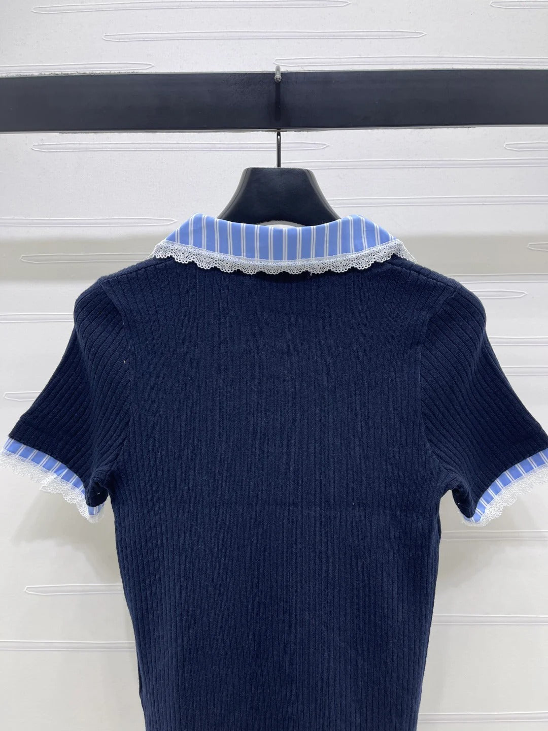Miumiu 2026 Ribbed Knit Top With Striped Collar Blue Wool 352525