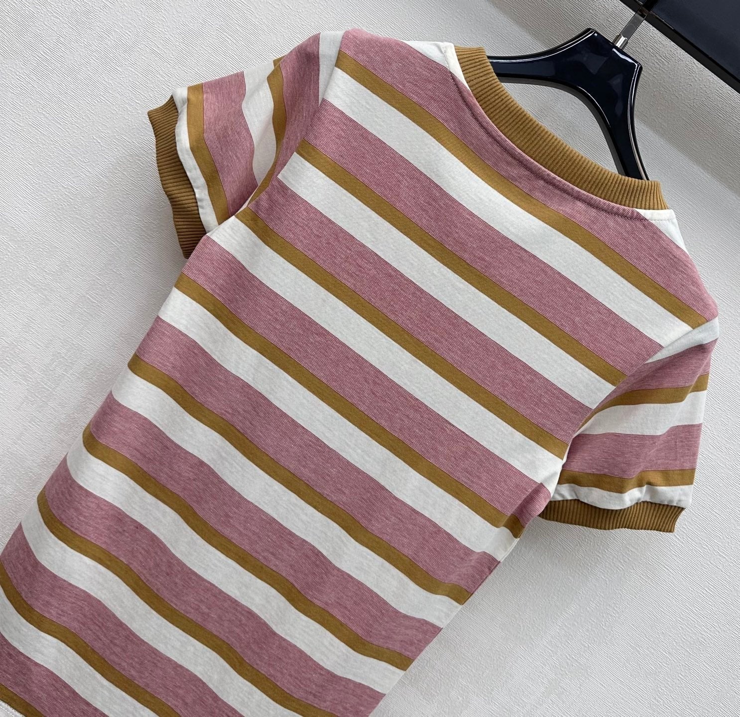 Prada 2026 Bayadere Stripe Short-Sleeve T-Shirt Pink Brown White Cotton