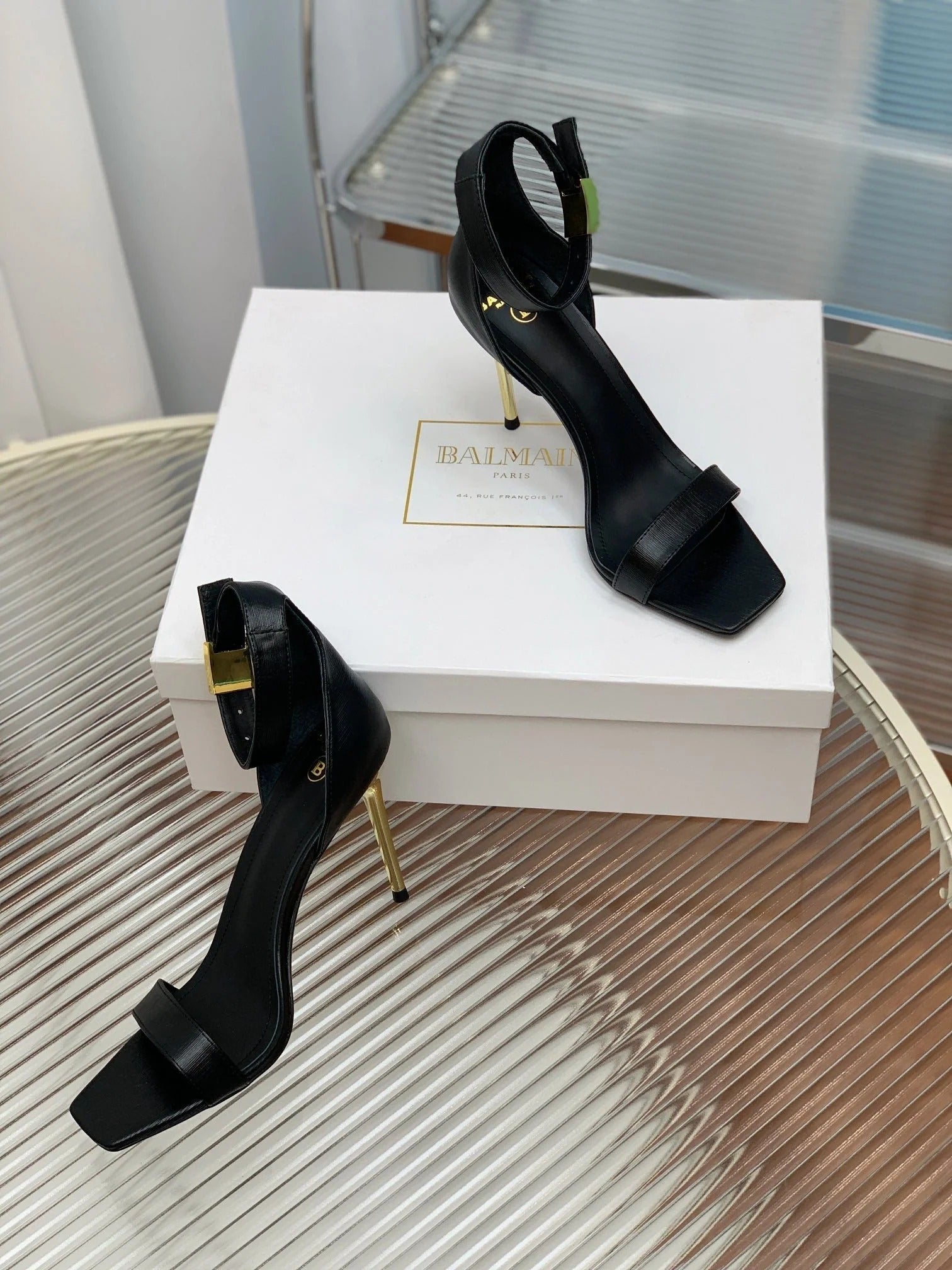 BALMAIN 25S METAL BUCKLE HIGH HEELS 95MM IN BLACK CALFSKIN