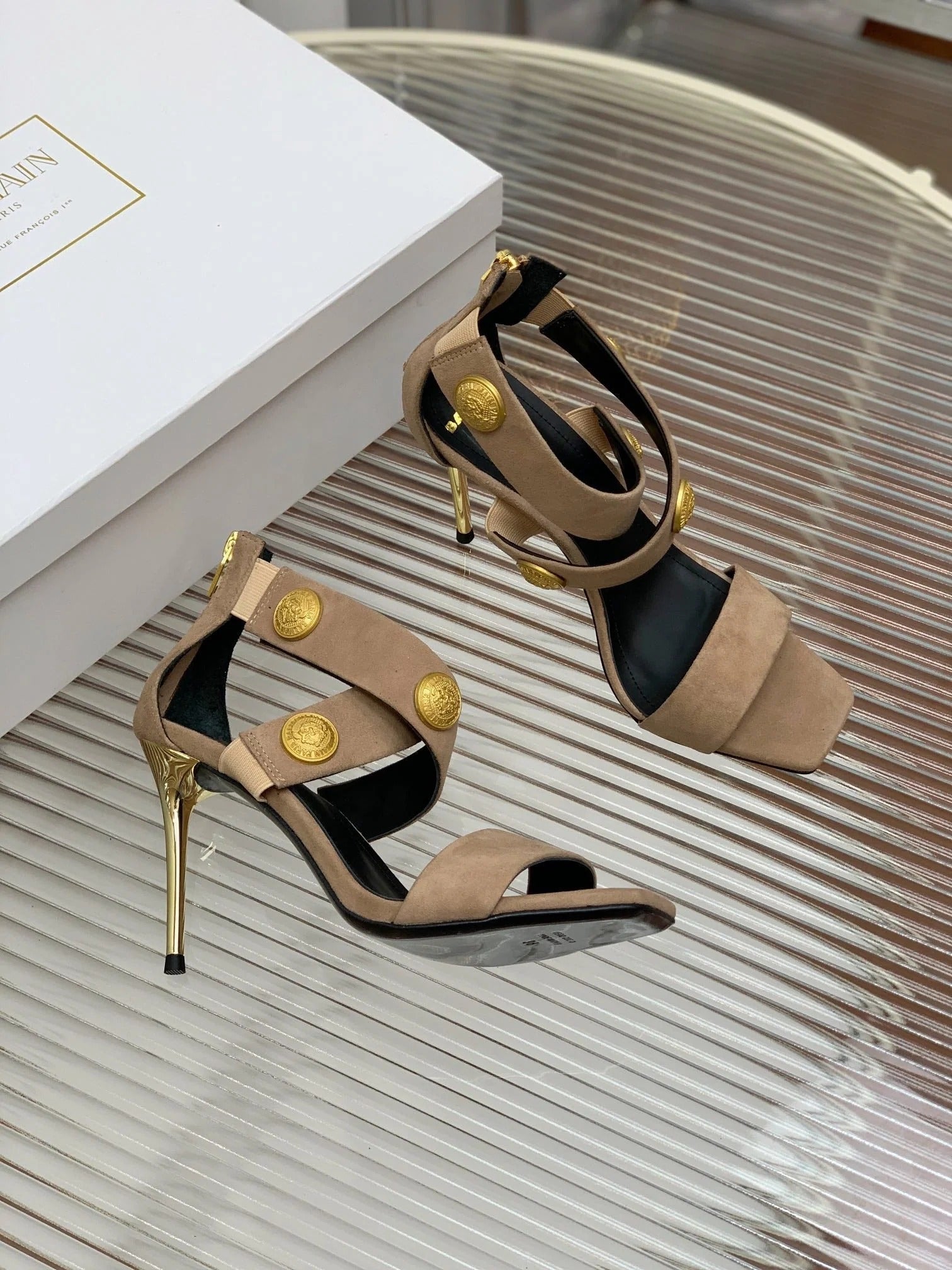 BALMAIN 25S CROSSOVER STRAP HIGH HEELS 95MM IN LIGHT BROWN SUEDE