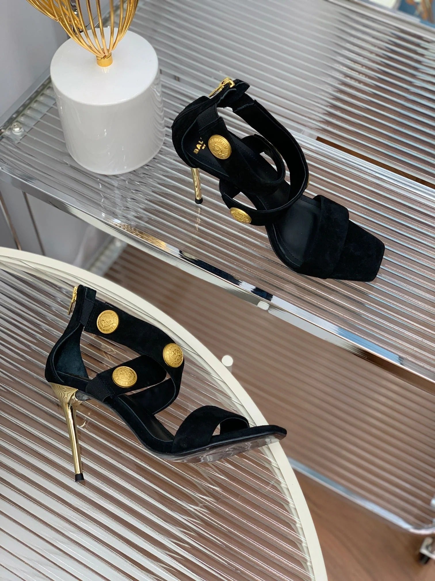 BALMAIN 25S CROSSOVER STRAP HIGH HEELS 95MM IN BLACK SUEDE