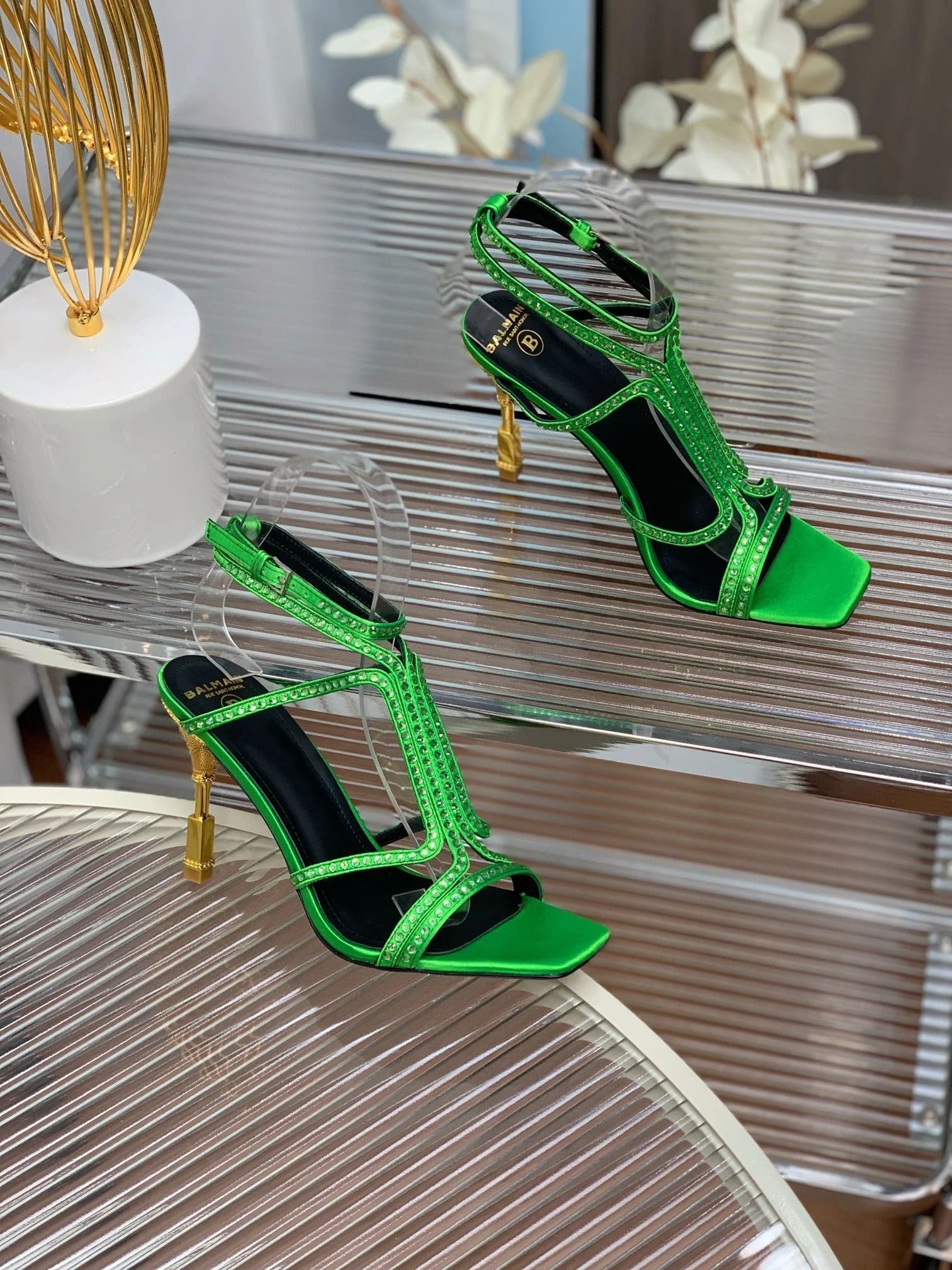BALMAIN 25S MONETA SANDAL 95MM IN DARK GREEN CALFSKIN WITH CRYSTAL