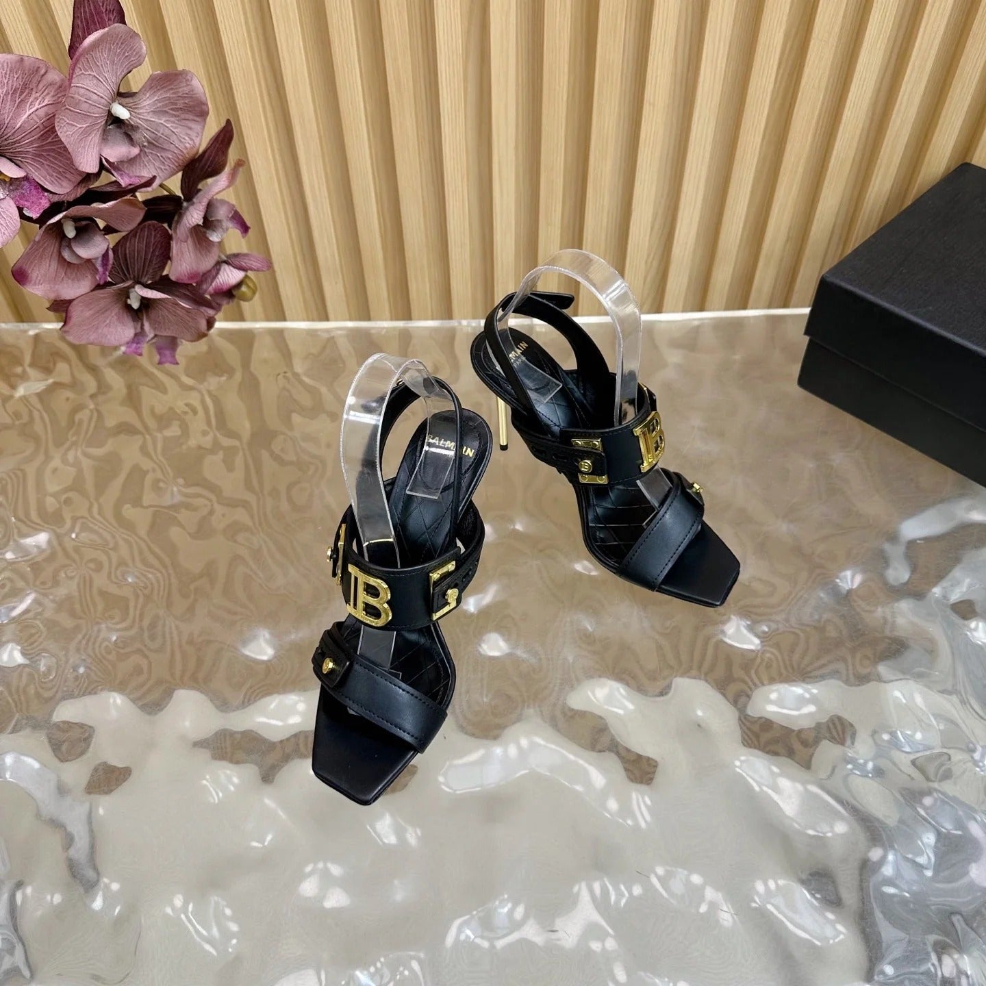 BALMAIN 25S RHINESTONE STILETTO SANDALS 95MM IN BLACK CALFSKIN