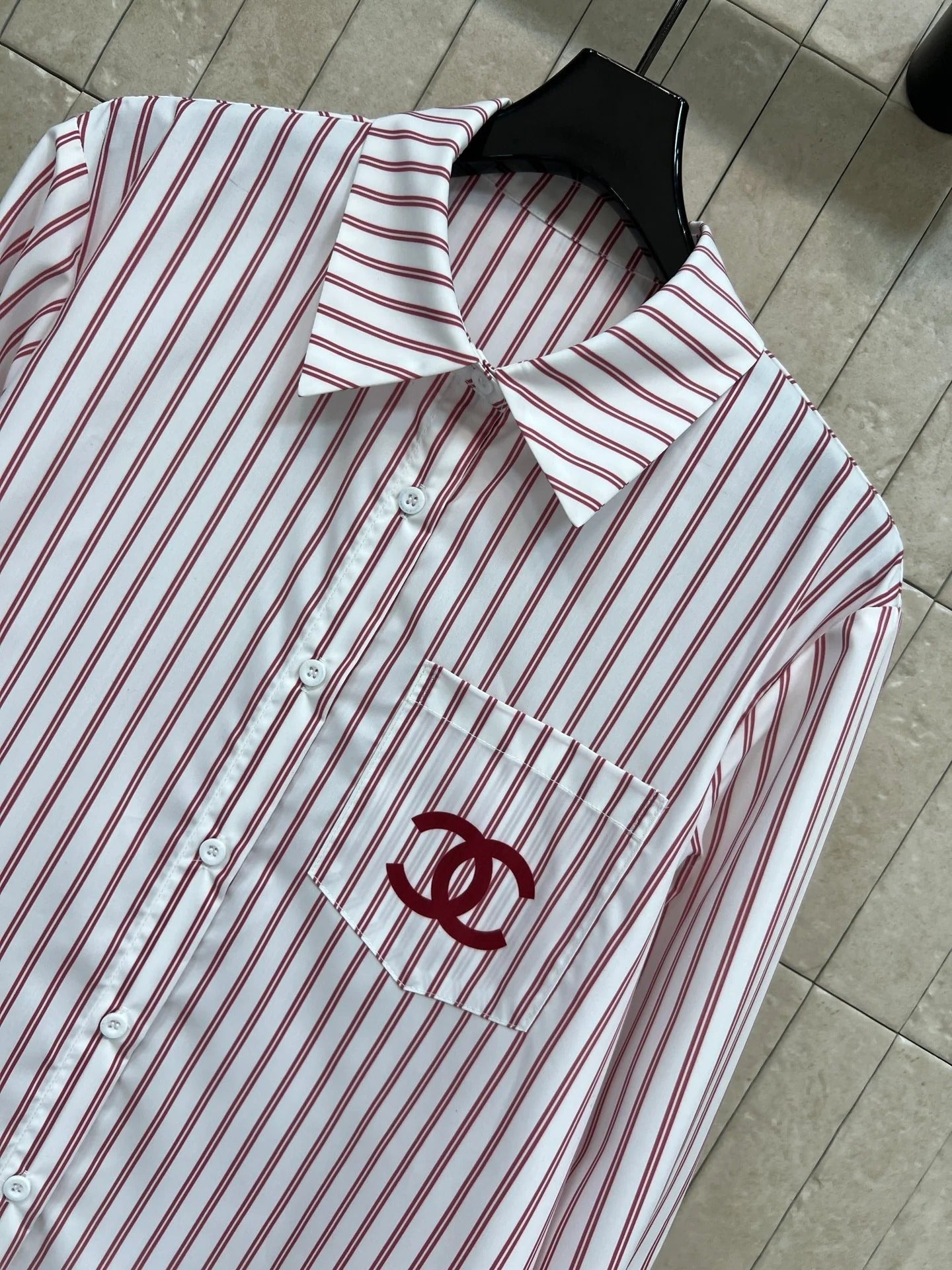 Chanel 2026 Logo Embroidered Striped Shirt Pink and Black Cotton 355062