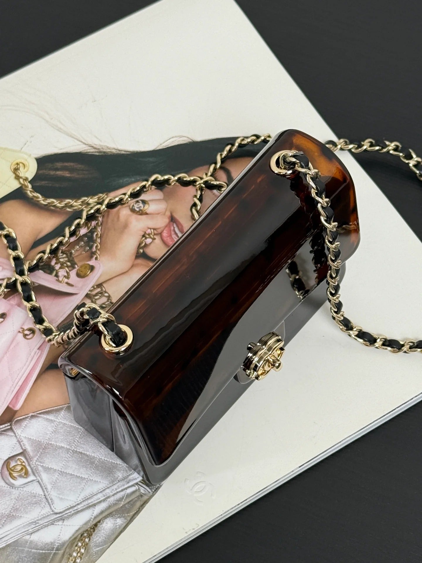 Chanel 2026 Mini Evening Bag 12cm Black Tortoiseshell-patterned Plexi Gold Metal