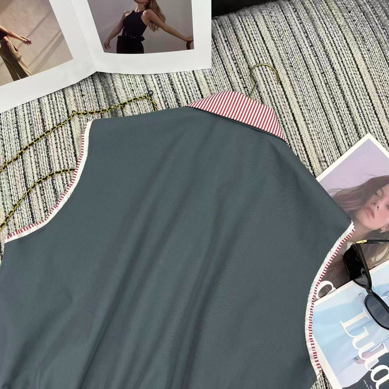 Miu Miu 2026 Striped Collared Vest Jacket Gray and Pink Cotton
