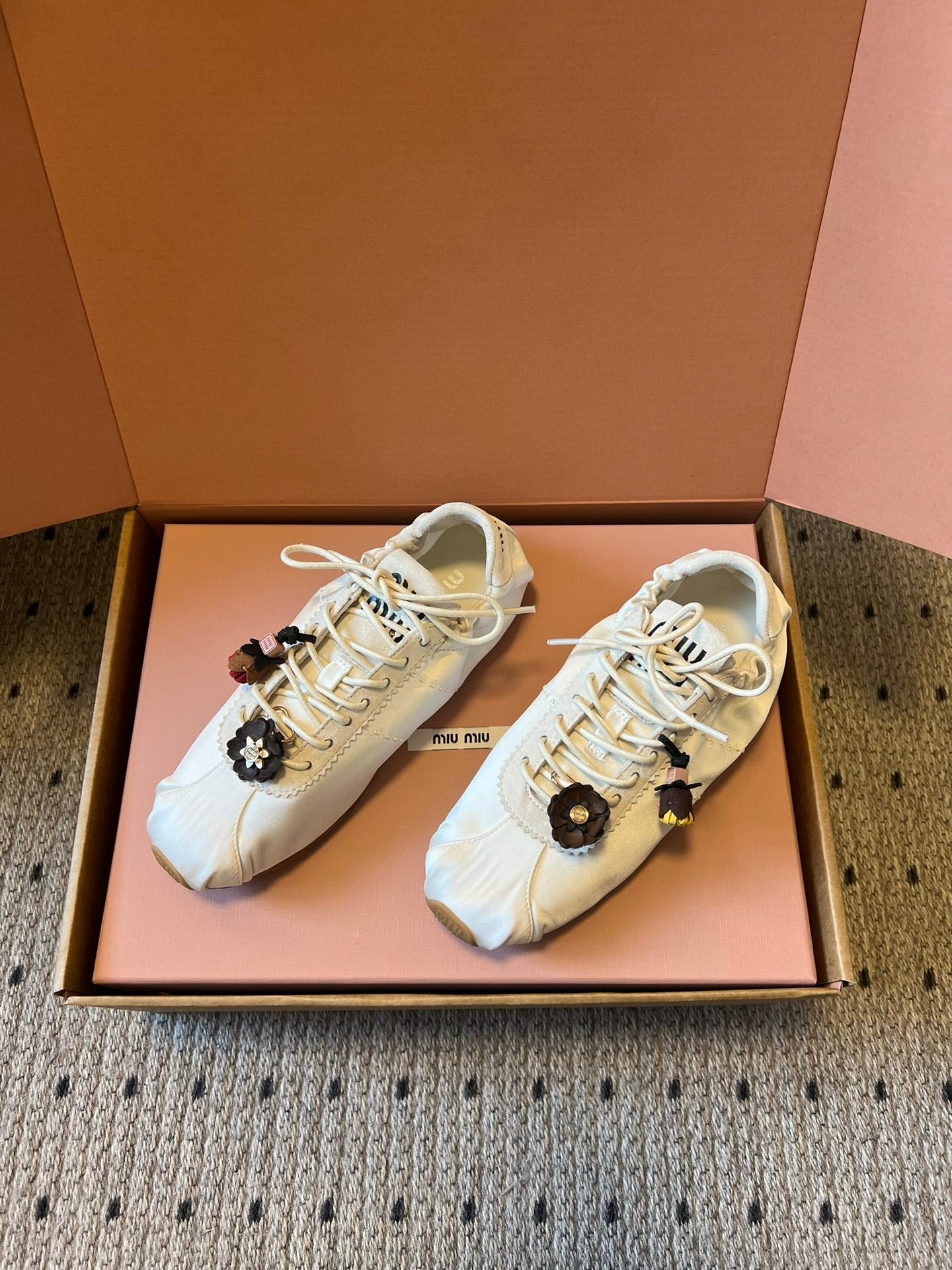Miu Miu 2026 Plume Sneaker With Floral Charm White Satin 621346