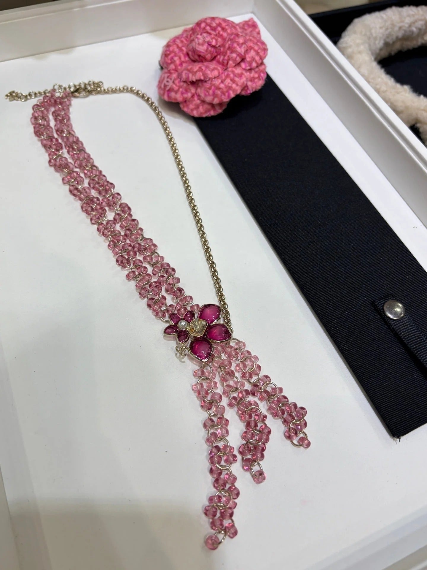 Chanel 2026 Double C Pink Beaded Asymmetrical Flower Necklace
