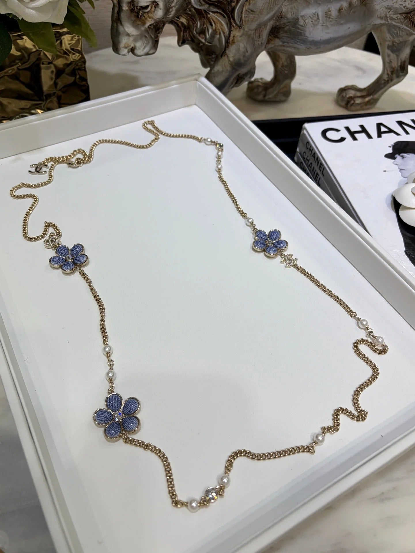 Chanel 2026 Gold Double C Denim Flower Enamel Necklace