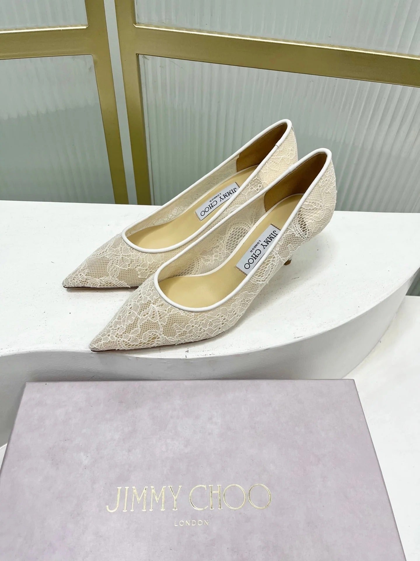 Jimmy 26s Heel Pump 65 Ivory Beige Lace Sheepskin 605951
