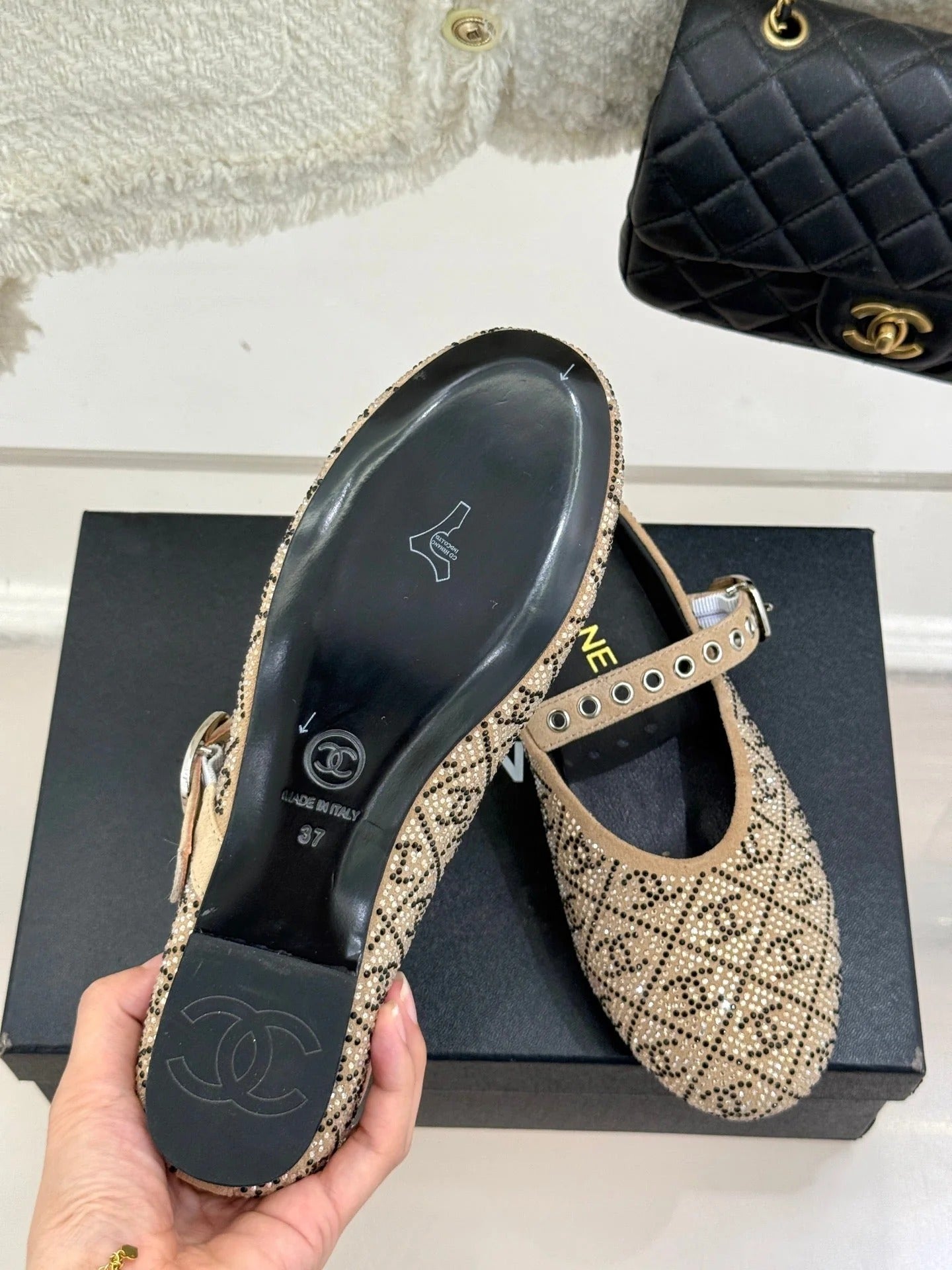 CC Flat Mules 25ss In Beige Embellished With Rhinestones