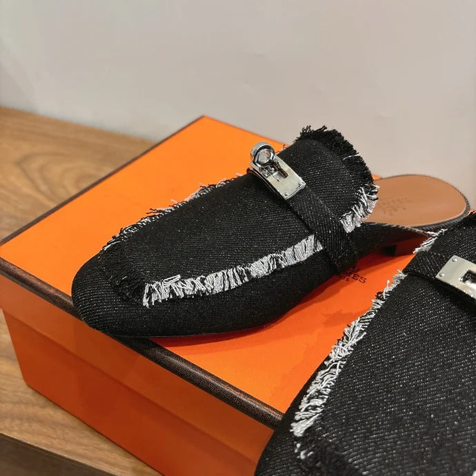 HM 26ss Mule Black Denim Leather Sliver Buckle 638473