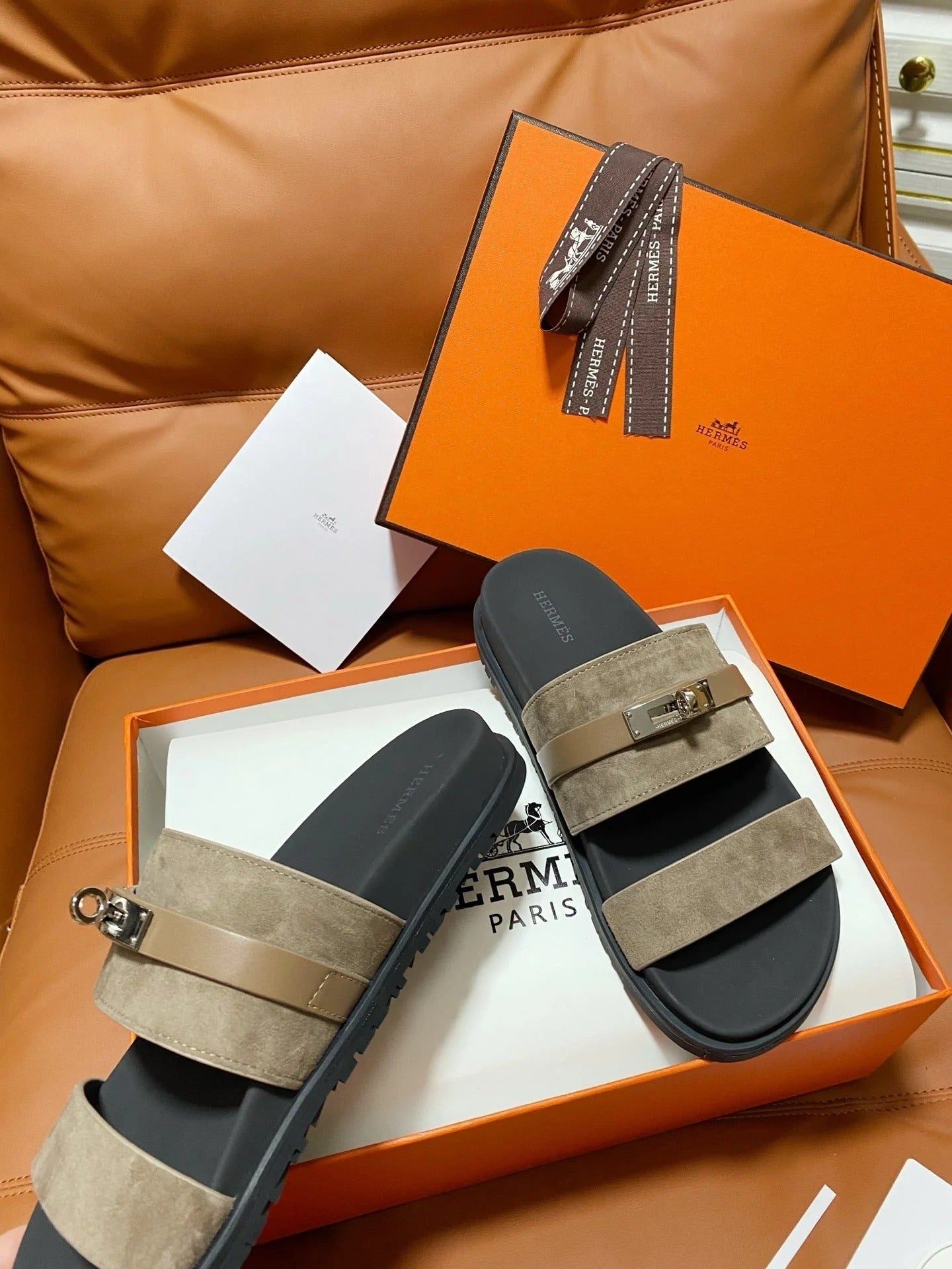 HM 2026 Velcro Sandals Black Taupe Suede Cowhide 663786