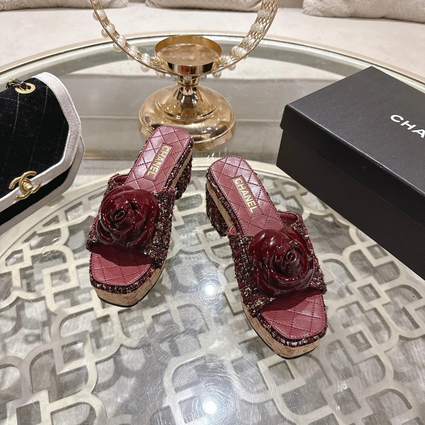 CC 26s Camellia Platform Slippers 65 Burgundy Multicolor Tweed Leather 627053
