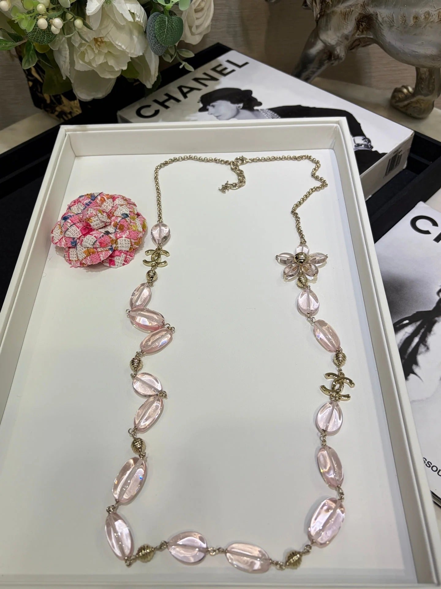 Chanel 2026 Double C Pink Floral Acrylic Beaded Necklace