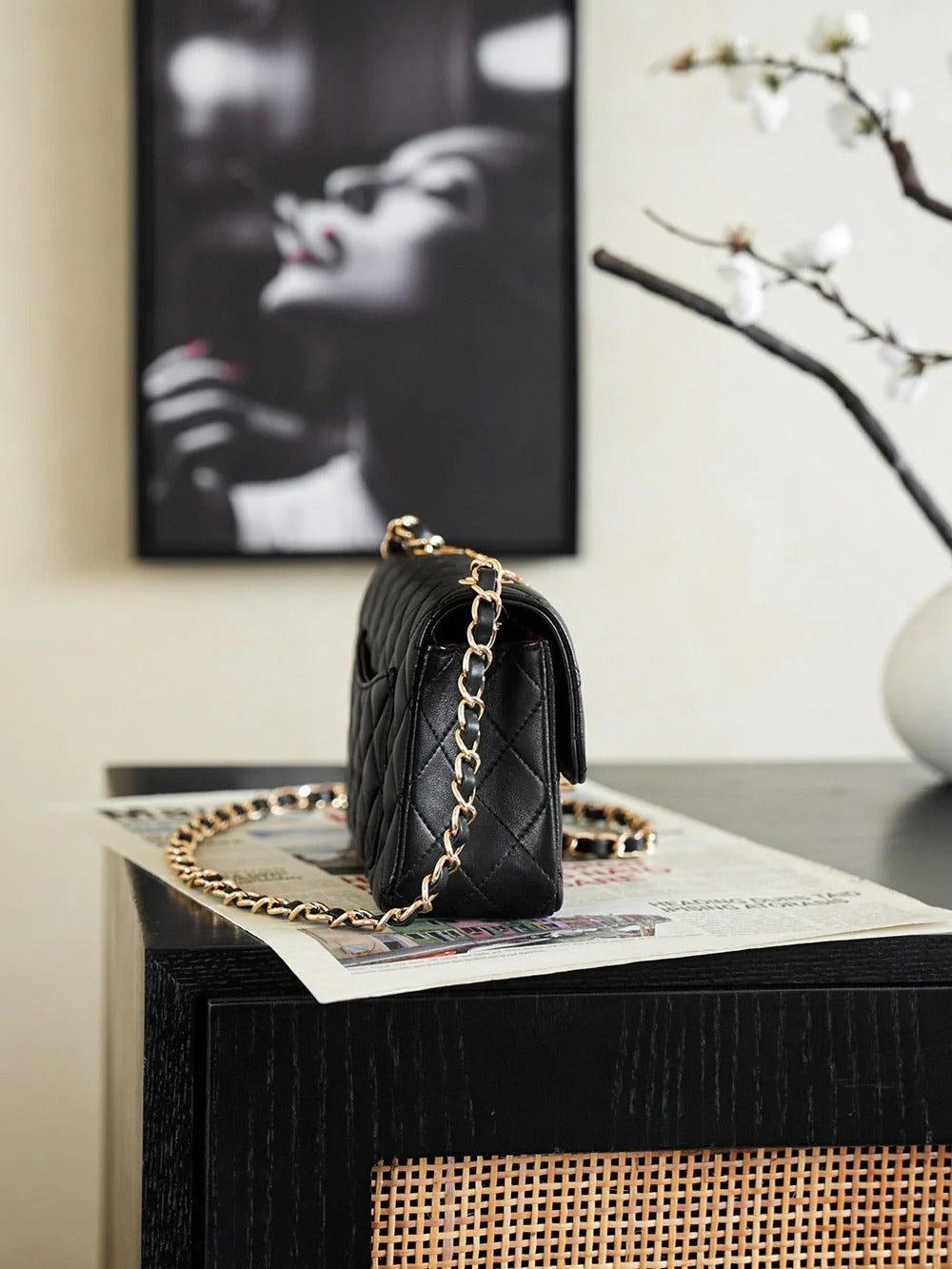 CC 2026 Red Flower Flap Bag 25.5cm Black Lambskin