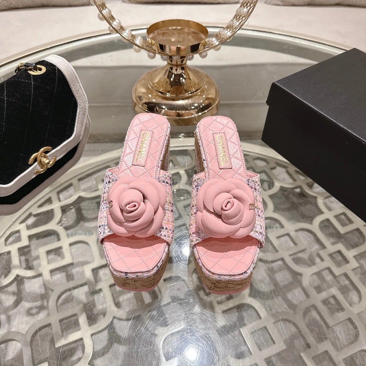 CC 26s Camellia Platform Slippers 65 Pink Tweed Leather 627057