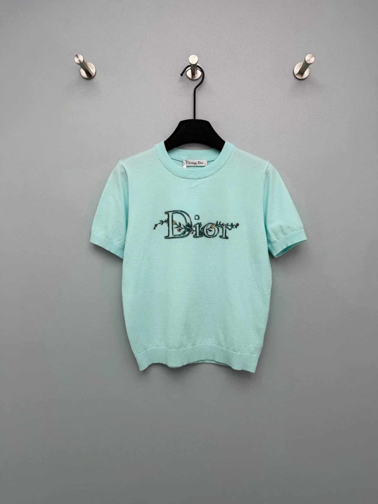 Dior 2026 Floral Embroidery Short-Sleeved Knit Top Cream and Blue Wool