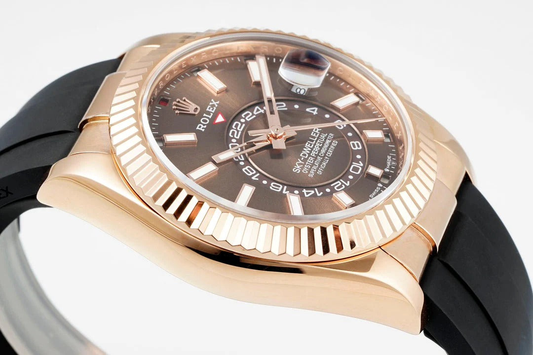 Rolex Sky-Dweller 42mm Rose Gold Case Brown Dial Rubber Strap
