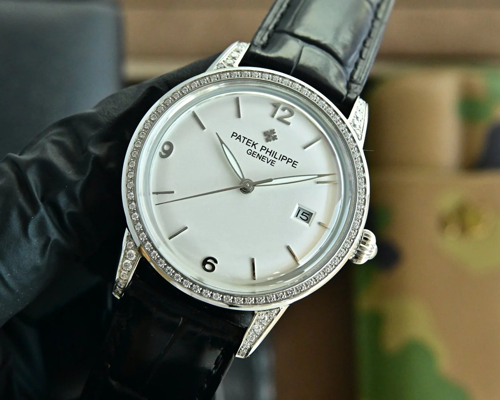 Patek Philippe Calatrava 40mm Diamond Benzel White Dial Black Strap