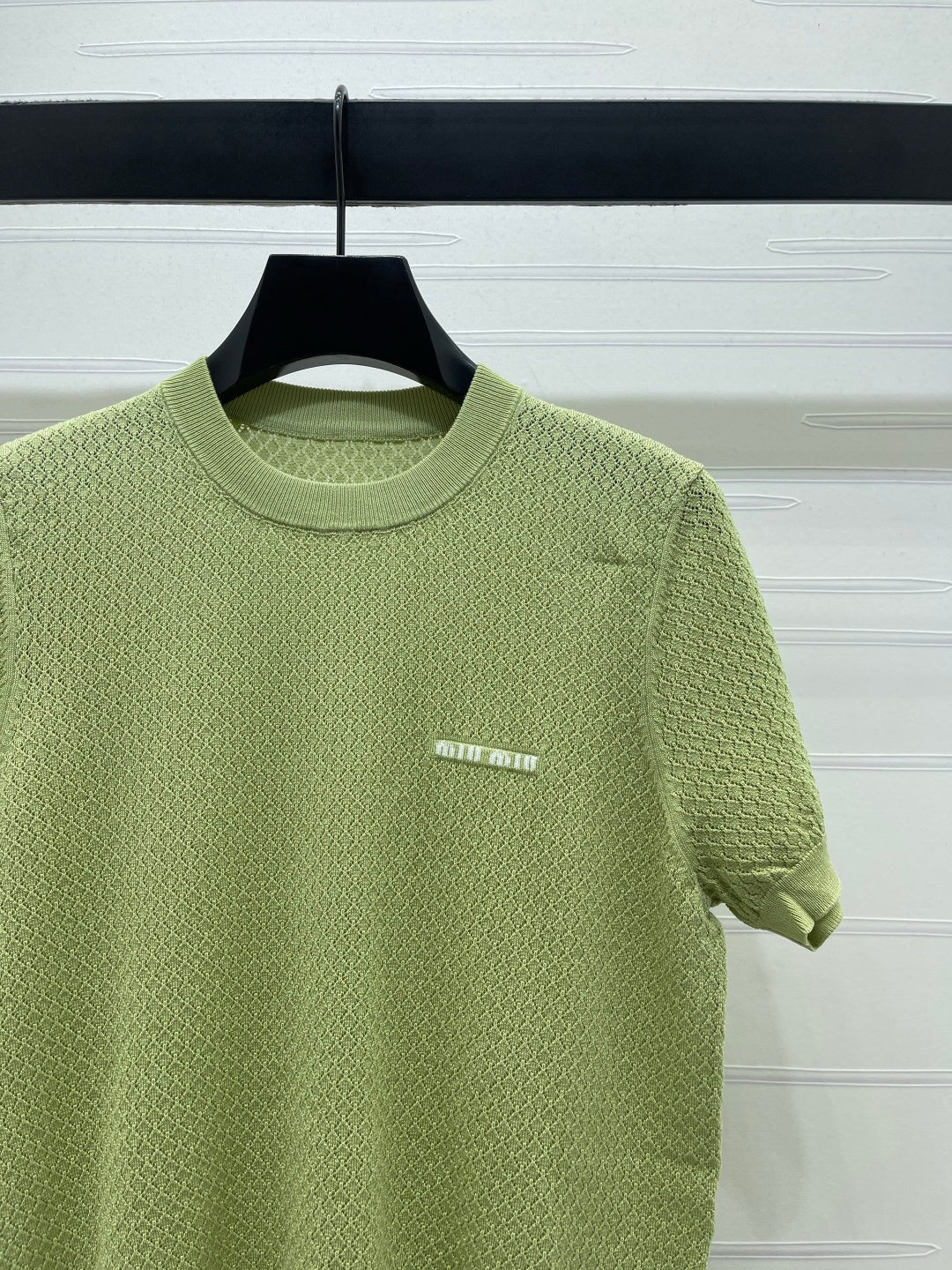 Miumiu 2026 Crew Neck Knit Short-Sleeve Shirt with Letter Logo Tencel