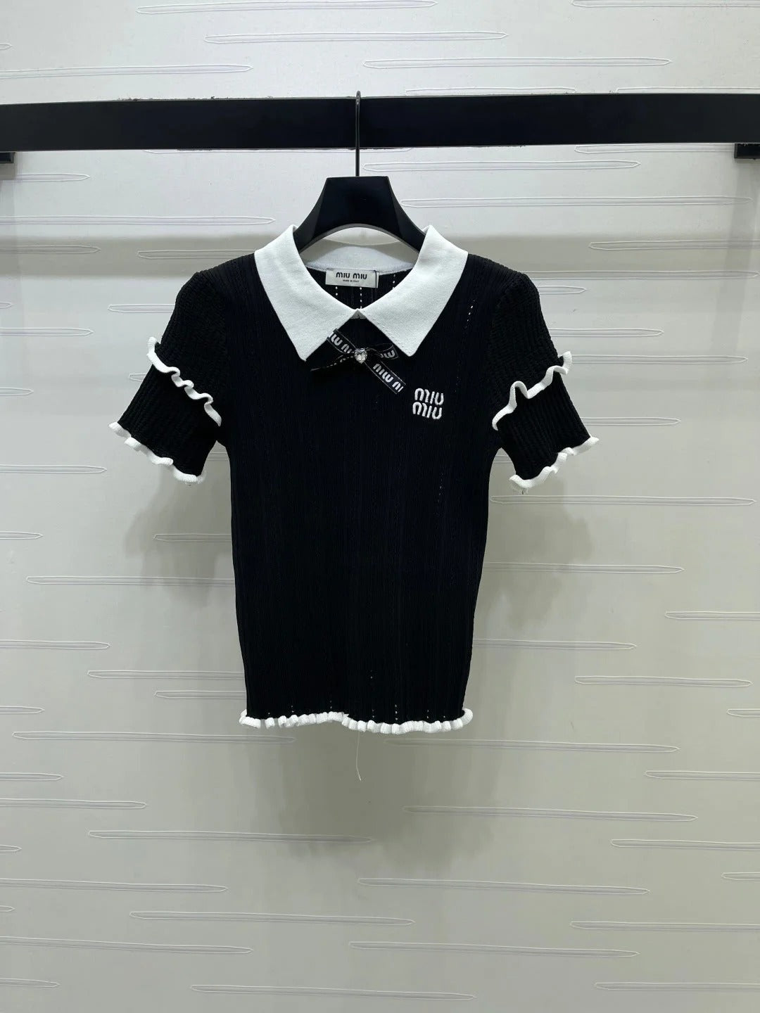 Miumiu 2026 Knitted Polo Shirt With Black Bow Wool Cashmere 414394