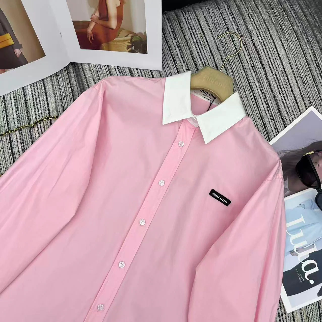 Miu Miu 2026 Long-sleeved Shirt Pink White Cotton