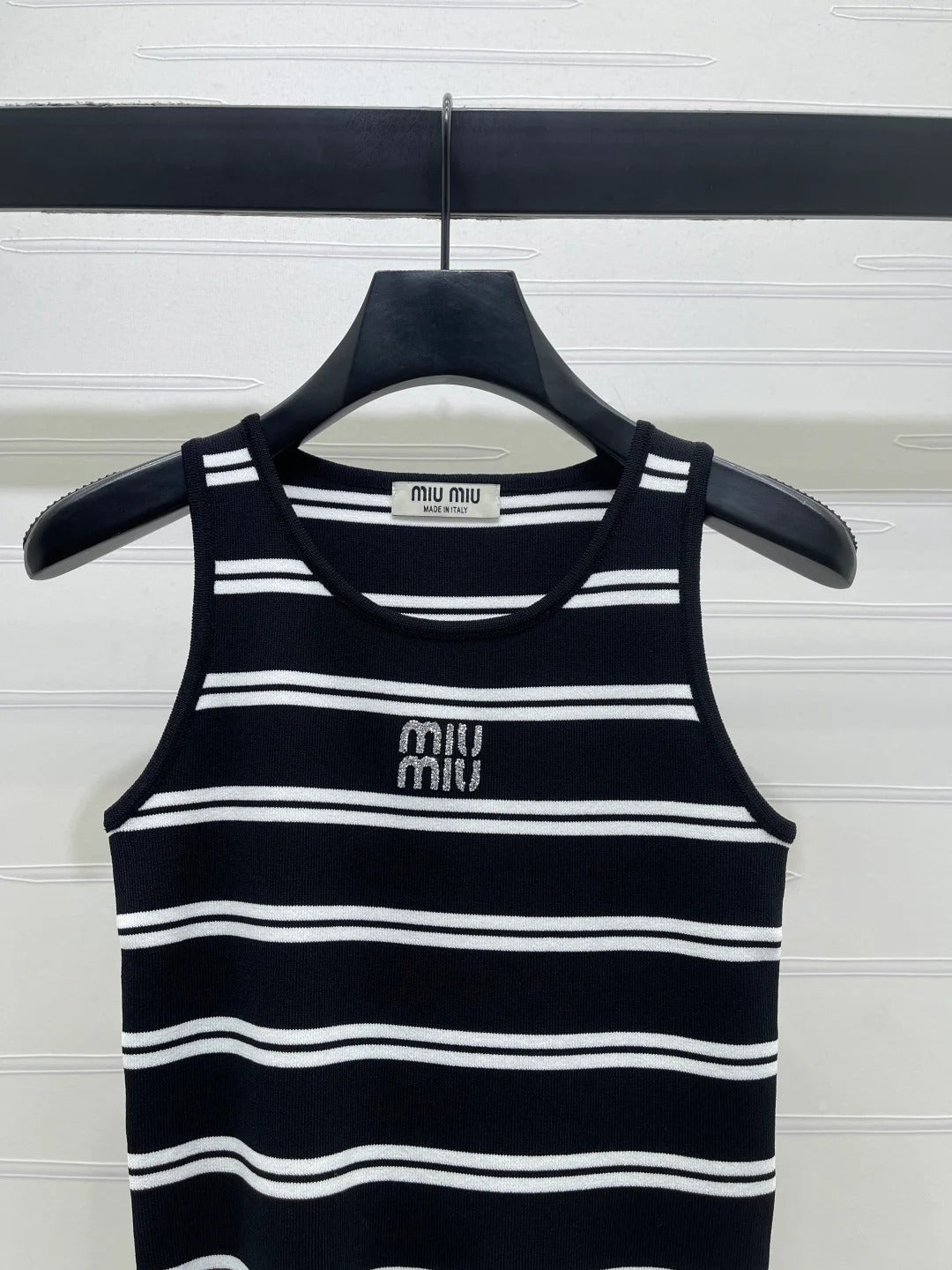 Miumiu 2026 Crew Neck Striped Knit Vest Black and White Wool 352631
