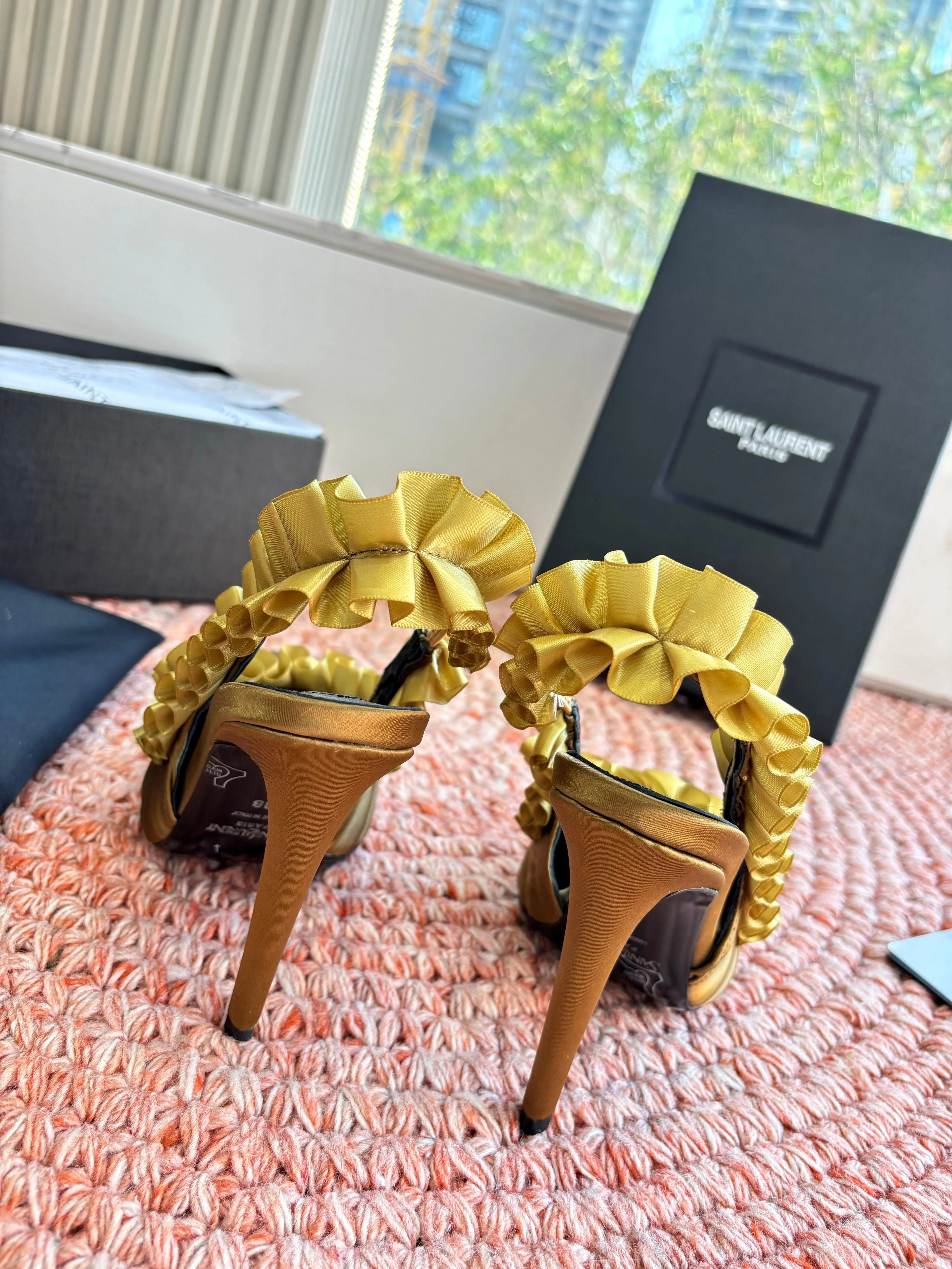 YSL 26ss Slingback Shiny Gold Silk Leather 648839