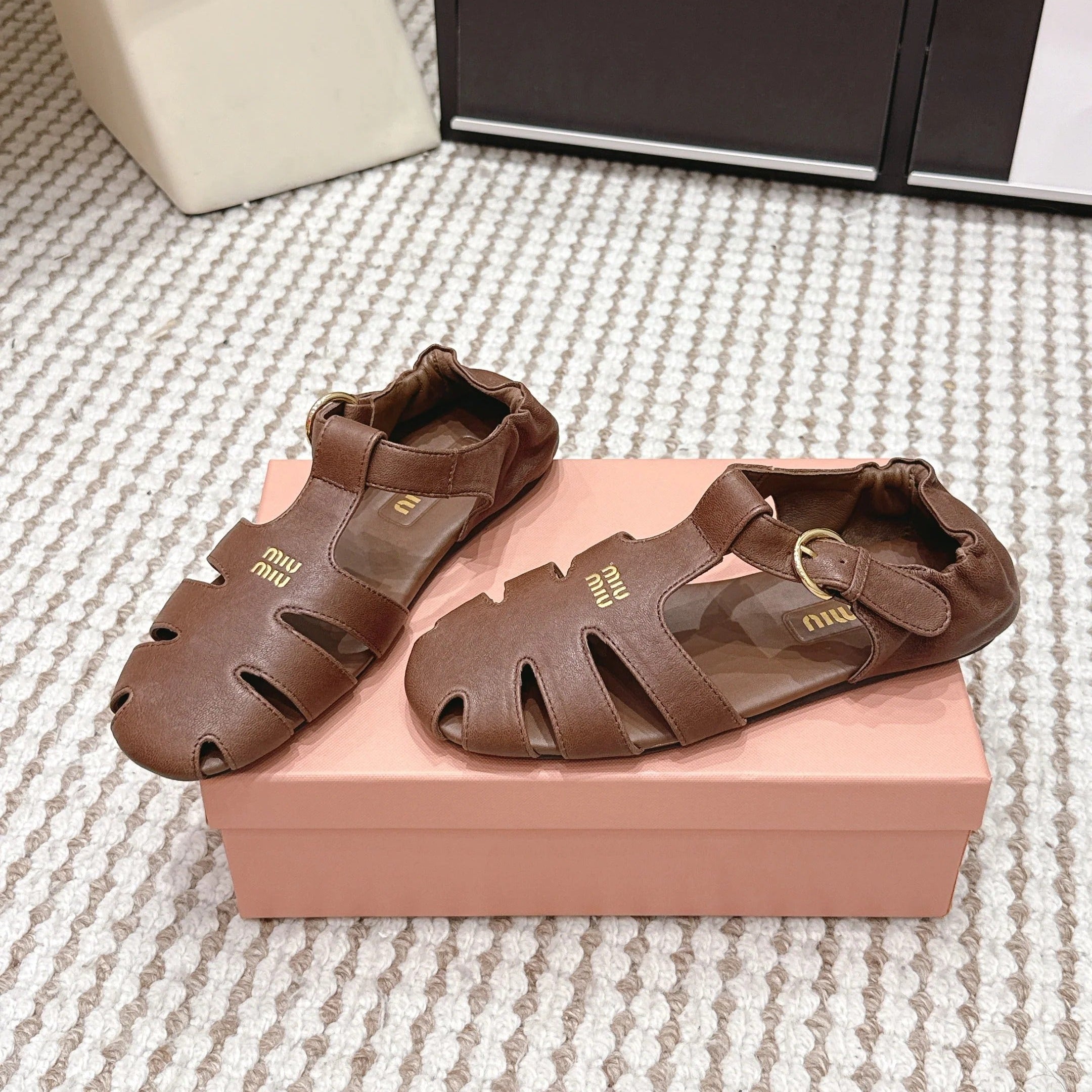 MIU 26 Roman Sandals Brown Leather 632326