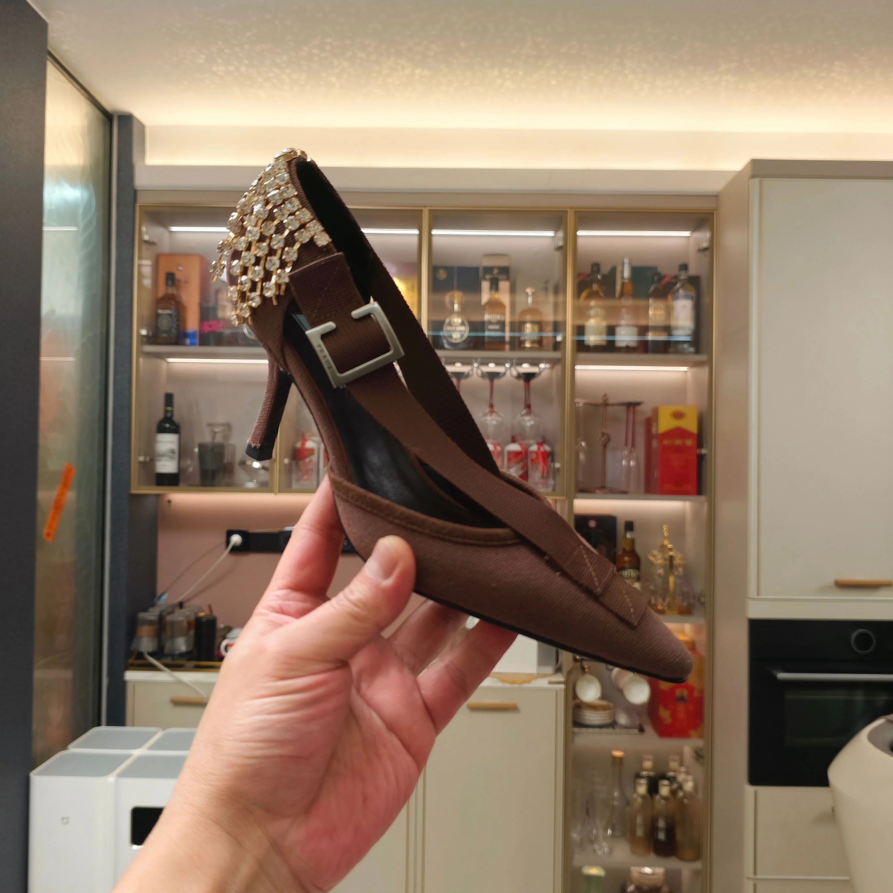 PRA 26S High Heel Pump 70 Brown Canvas Rhinestones 630569