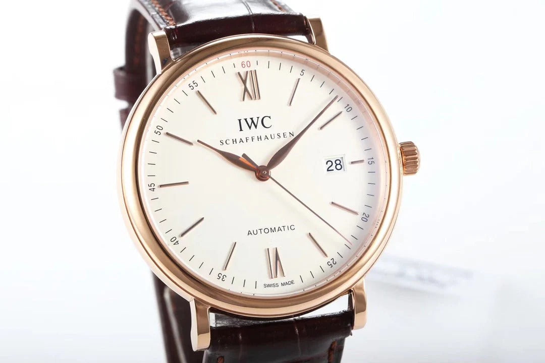 IWC Portofino 40mm White Dial Pink Gold Case Brown Crocodile Leather