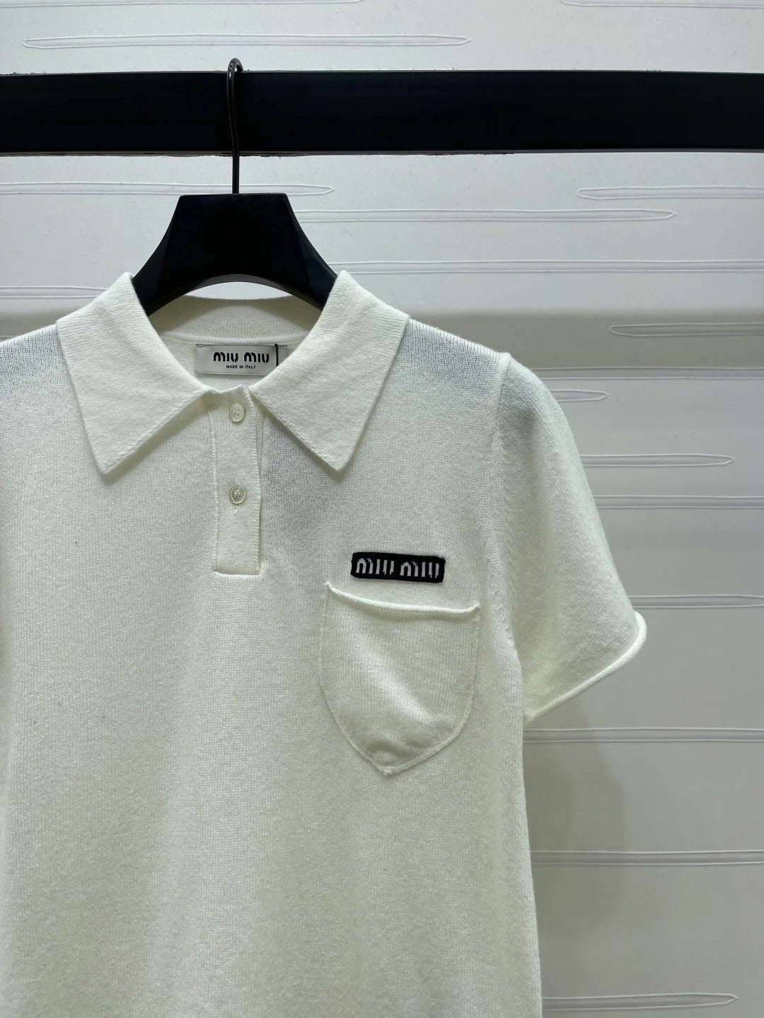 Miumiu 2026 Collared Knit Short-sleeved Sweater Cream and Gray Cashmere