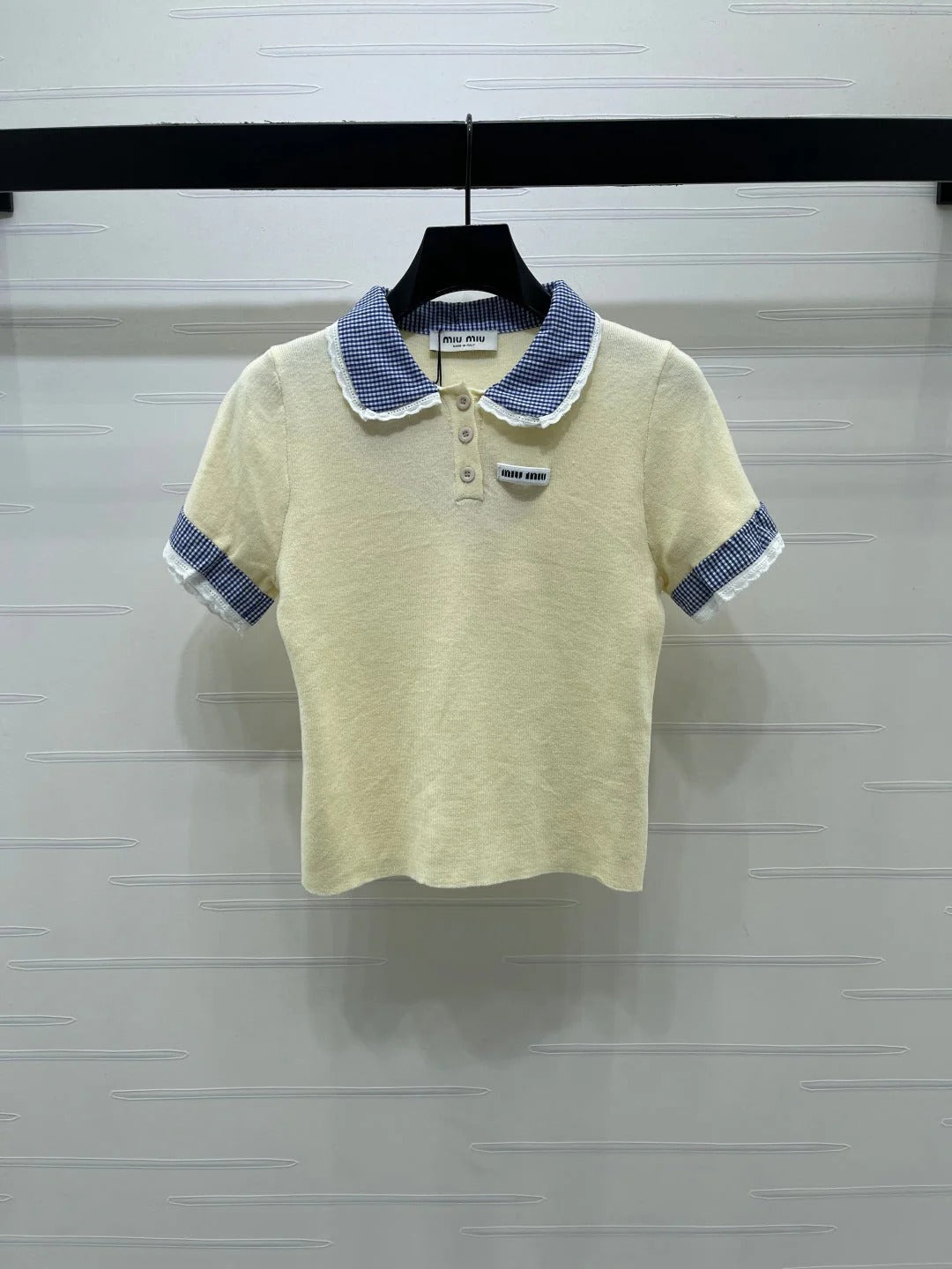 Miumiu 2026 Polo Shirts With Checkered Collar And Lace Trim Wool 332264