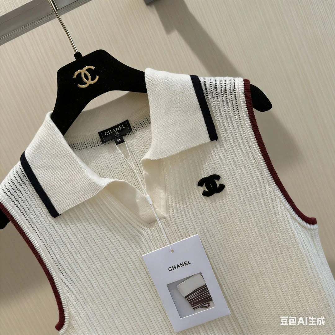 Chanel 2026 Cream Sleeveless Knit Polo Vest Acrylic 230239