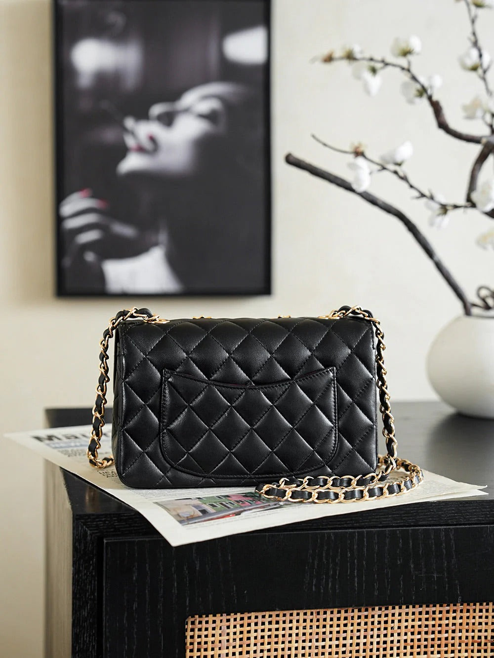 CC 2026 Red Flower Flap Bag 25.5cm Black Lambskin