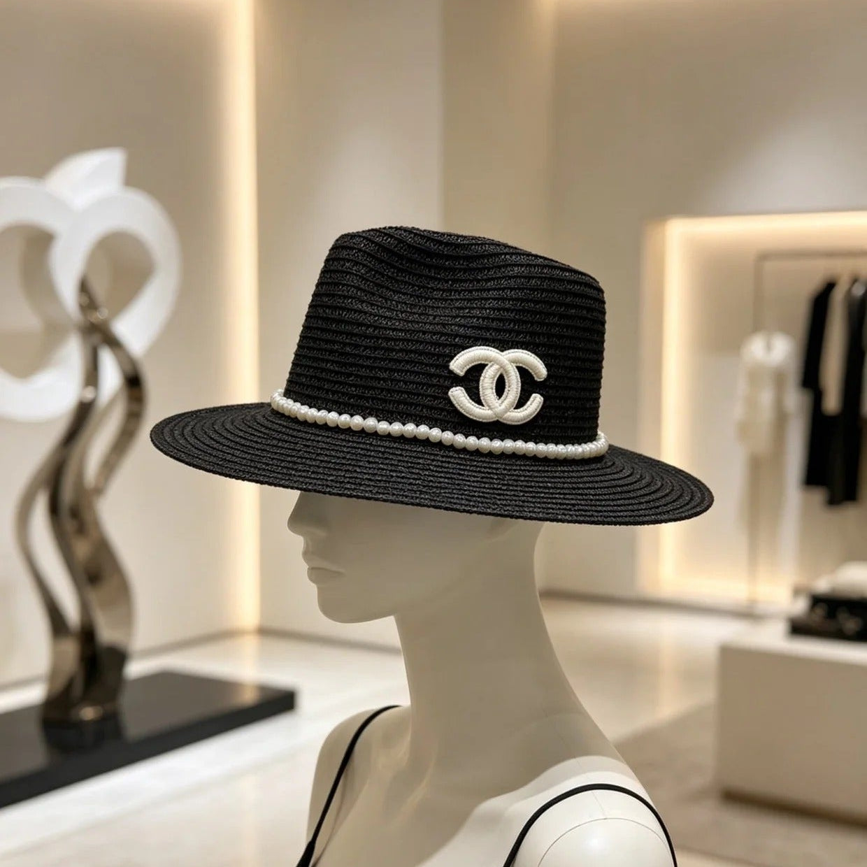 Chanel Straw Hat With Pearl and Logo 280796