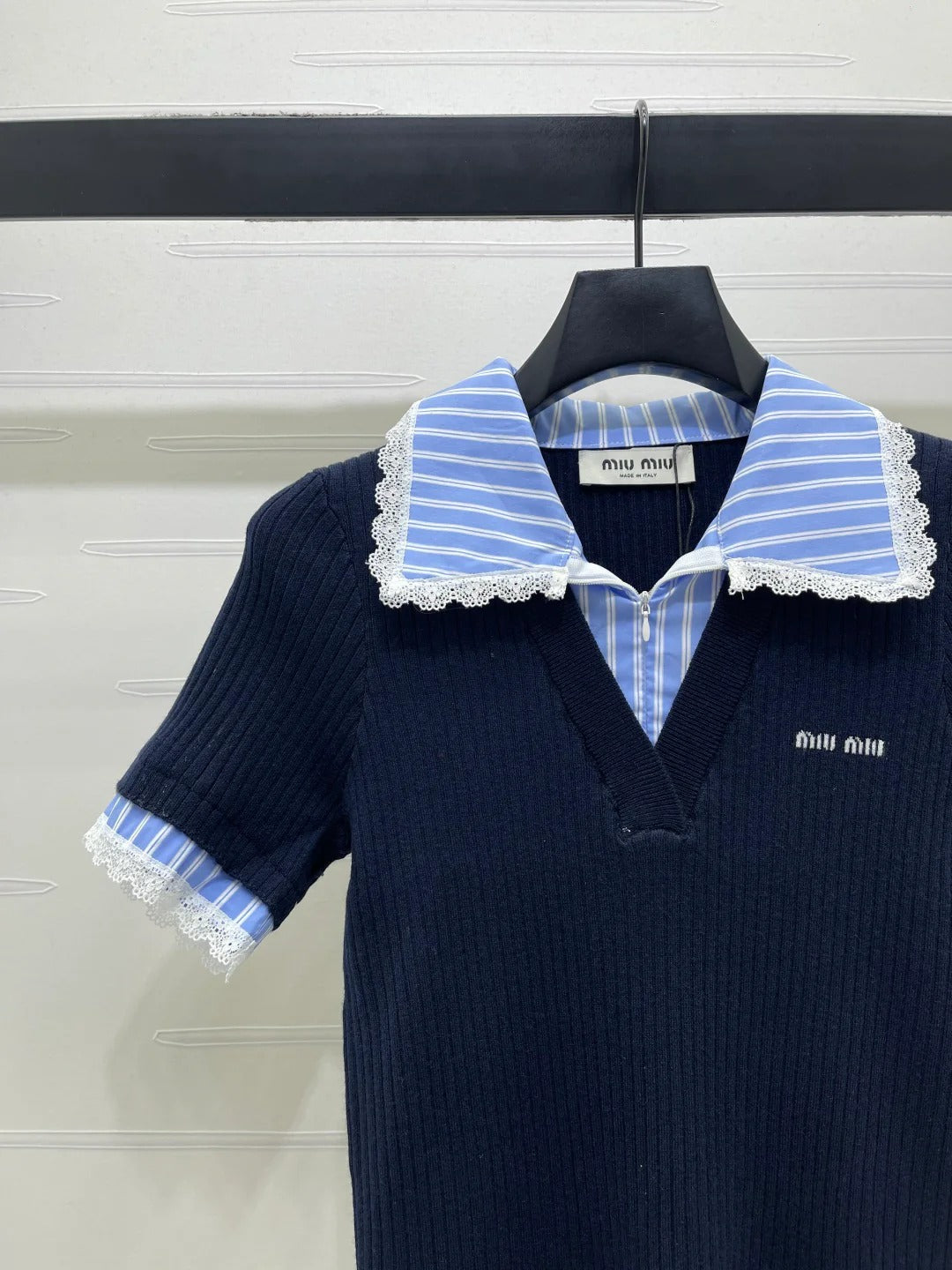 Miumiu 2026 Ribbed Knit Top With Striped Collar Blue Wool 352525