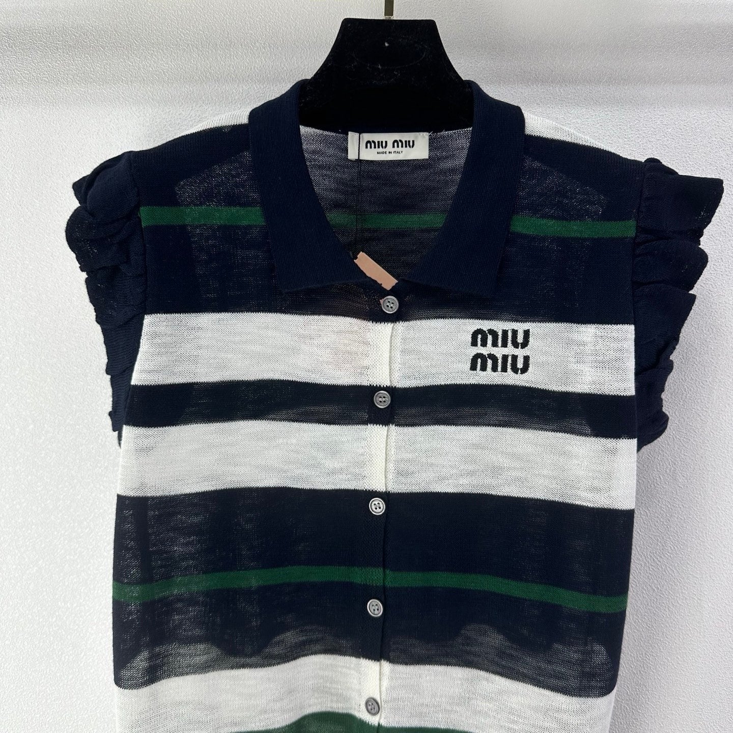 Miumiu 2026 Striped Polo Shirt Navy Blue Cotton 395629