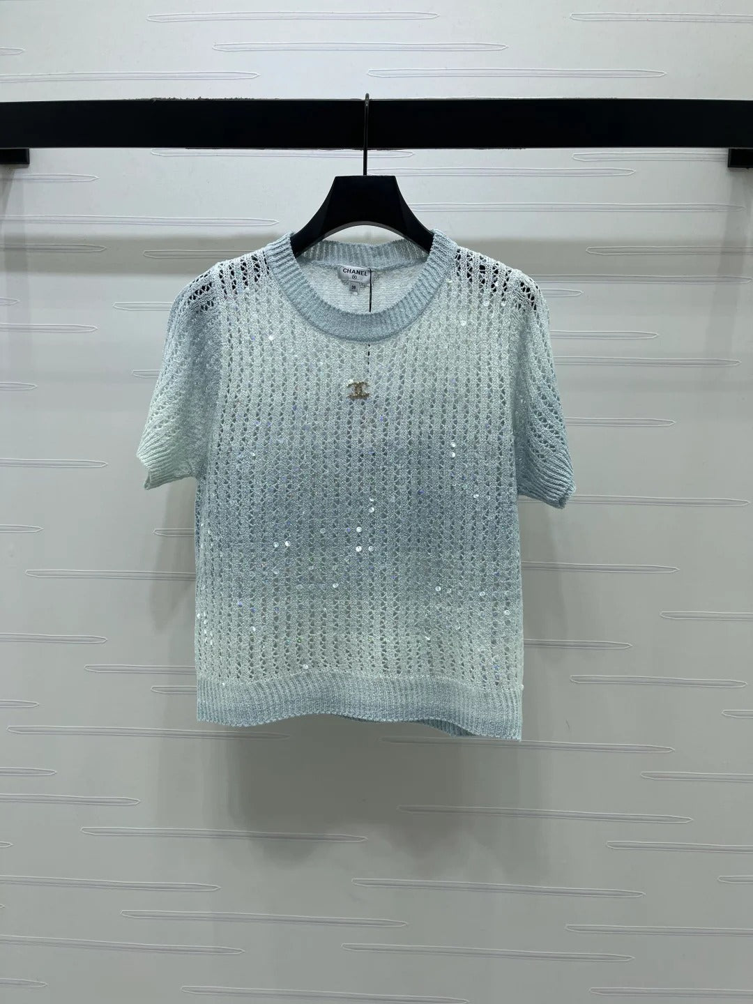 Chanel 2026 Short-sleeve Openwork Knit Sweater Blue and Pink Wool Polyester