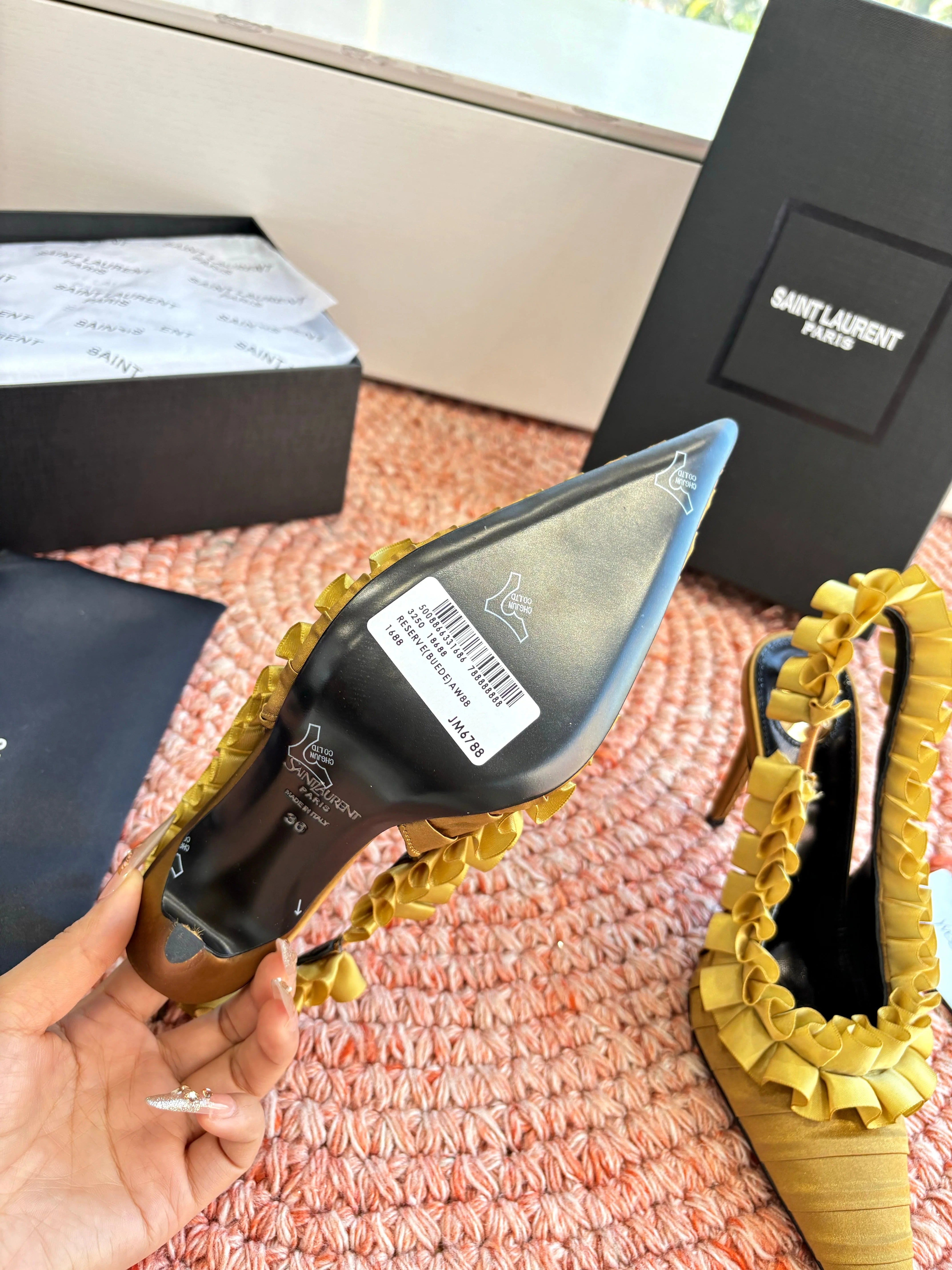 YSL 26ss Slingback Shiny Gold Silk Leather 648839